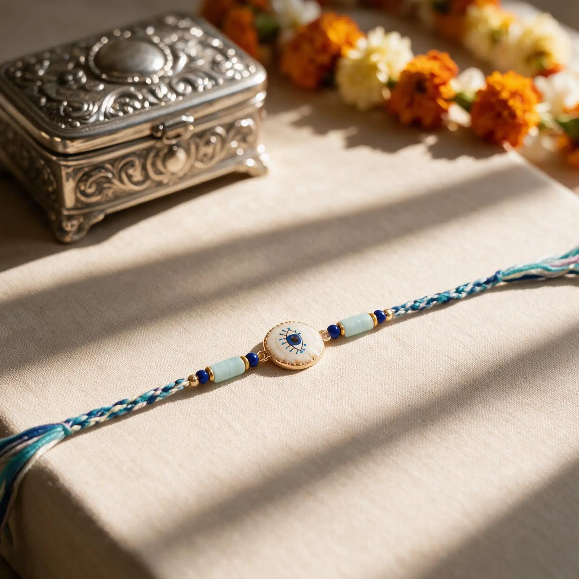 Handcrafted Premium Evil Eye Rakhi with Blue and Mint Green Beads