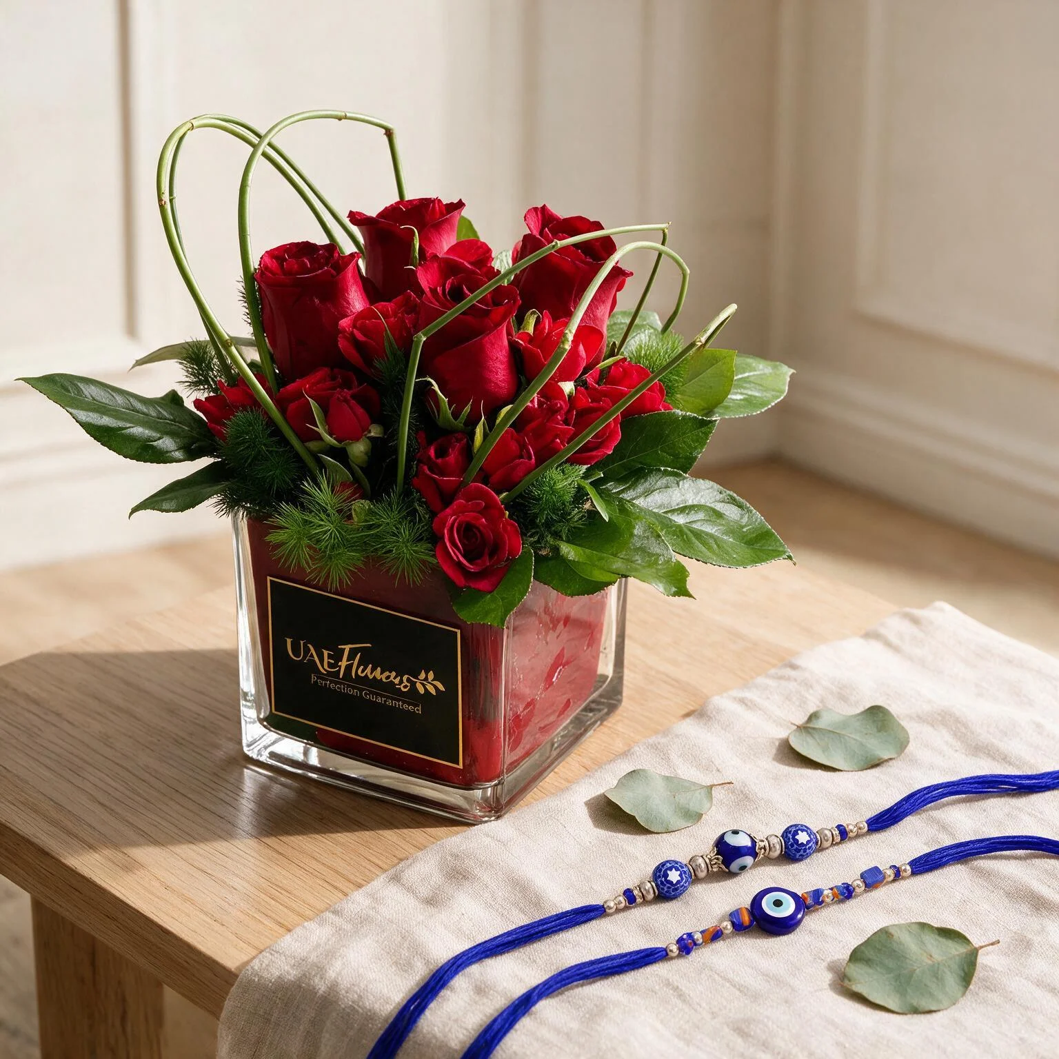 8 Red Roses and 4 red spray roses in a Cube Vase with greens (Steel Grass) and rakhi