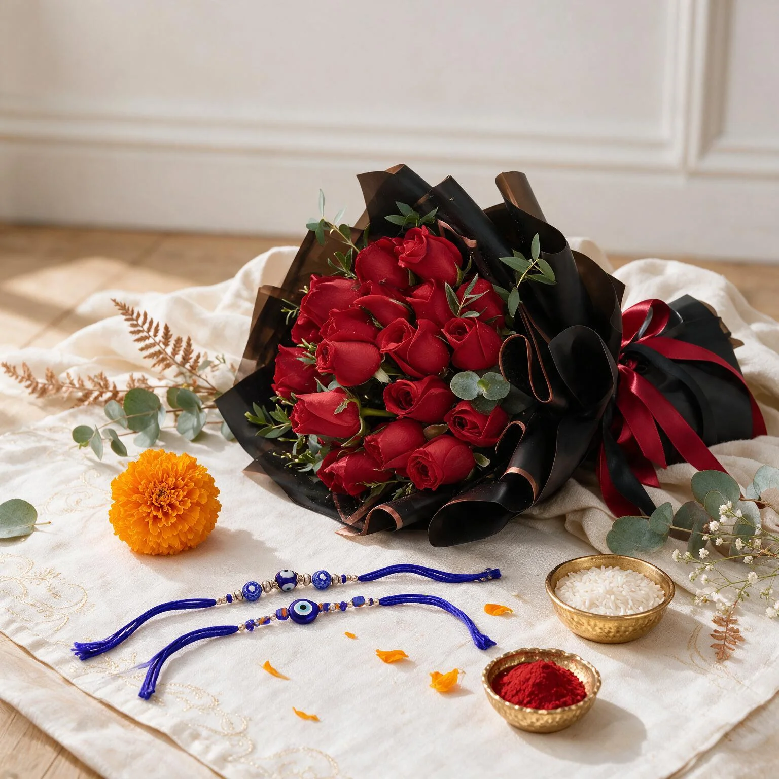 Bouquet of 12 red roses with green fillers in black wrapping paper and rakhi