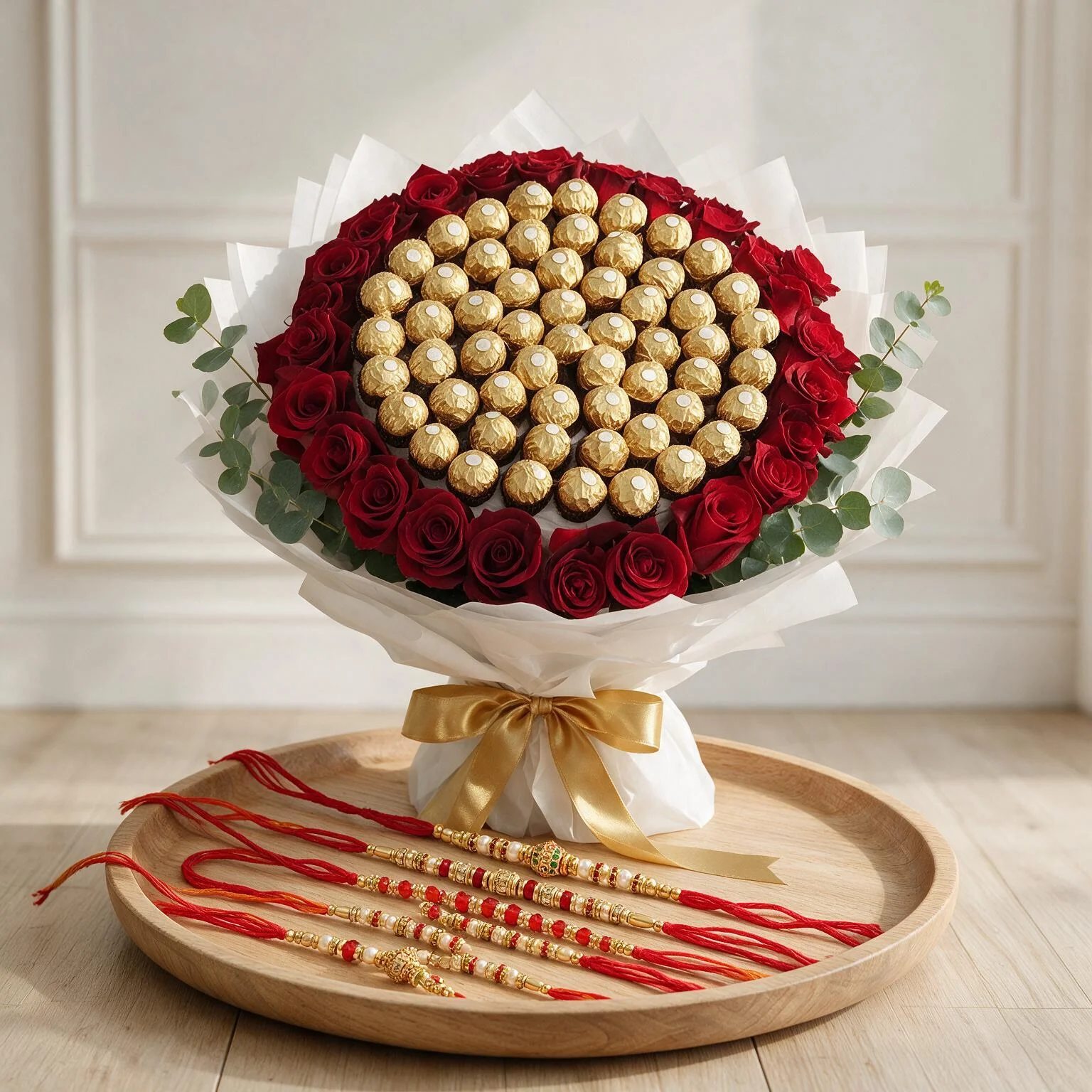 Bouquet of 30 red roses & 48 Ferrero Rocher Chocolate with green fillers wrapped in pastel white paper and rakhi