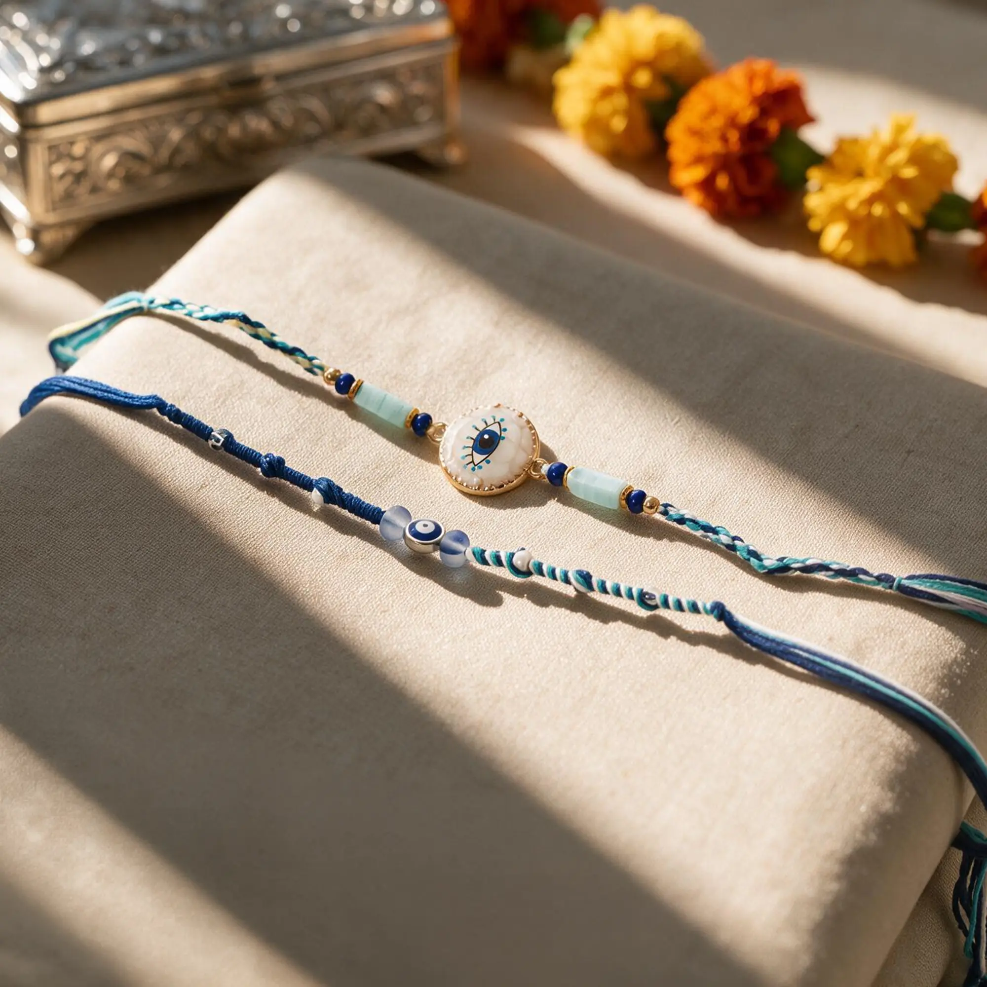 Set of 2 Handcrafted Premium Evil Eye Rakhis with Blue and Mint Green Accents