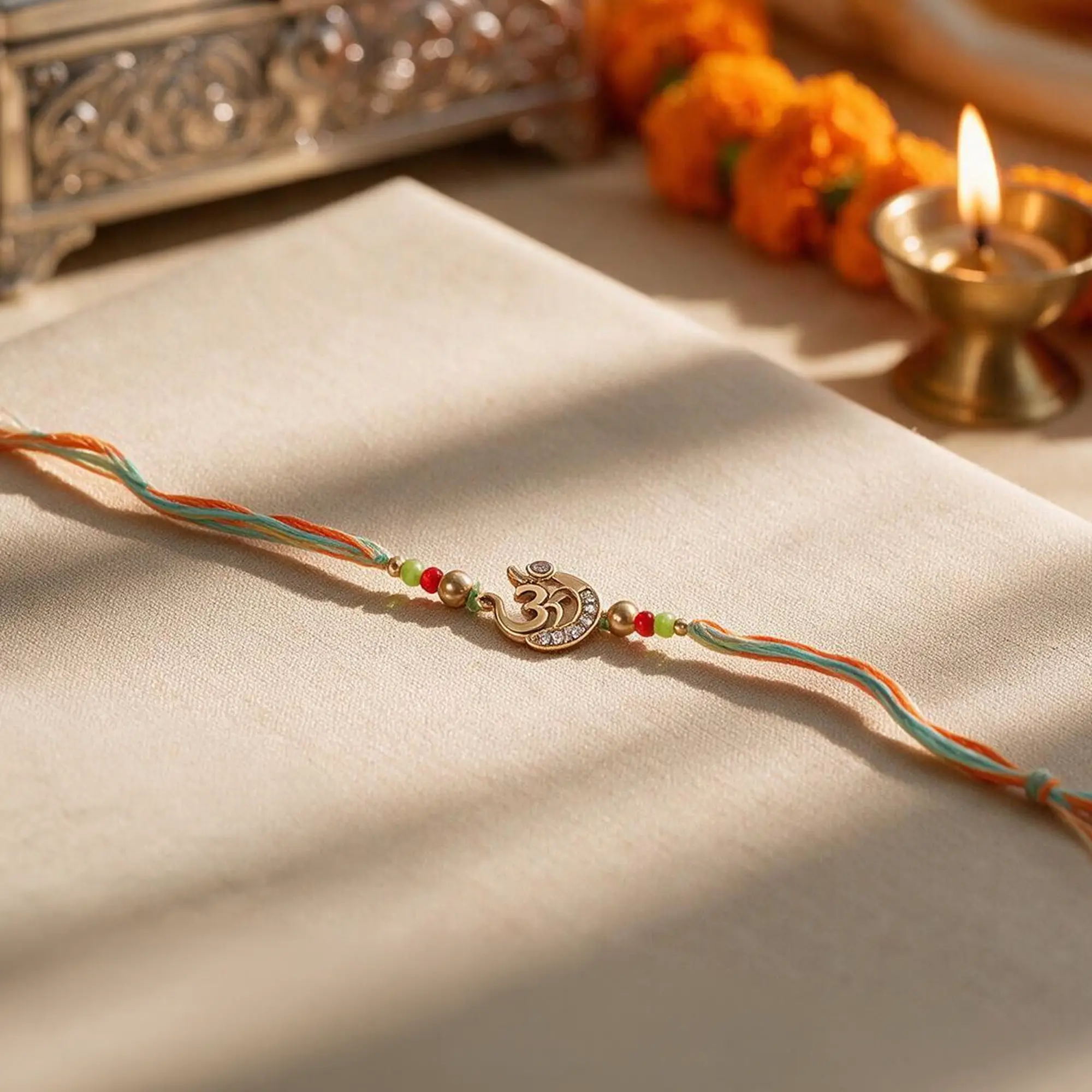 Handcrafted Golden Om and Crescent Moon Rakhi with Crystal Accents