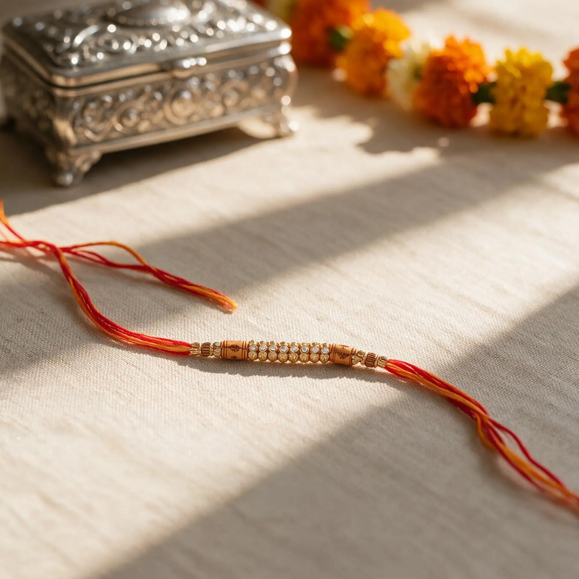 Handcrafted Classic Mauli Rakhi with Crystal Studded Cylindrical Beads