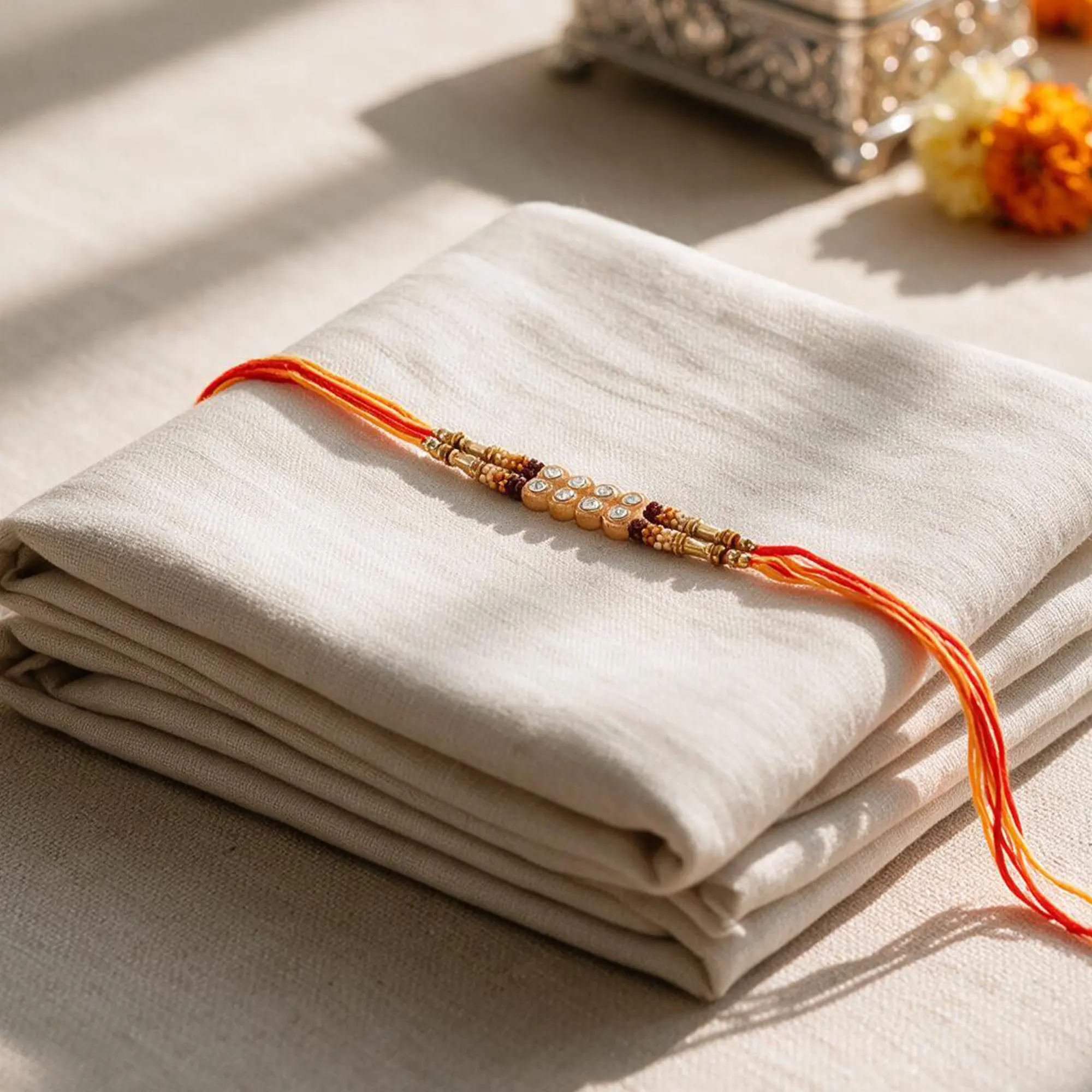 Elegant Royal Kundan Style Rakhi with Sparkling Stones on Folded Fabric