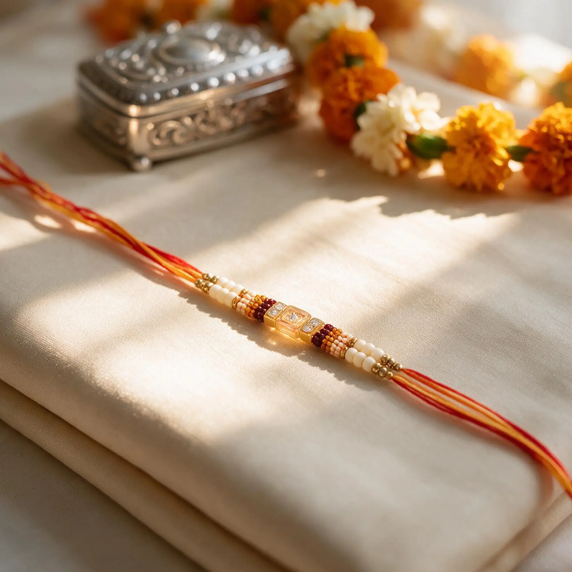 Delicate Jeweled Rakhi with Cream Pearl Beads and Crystal Centerpiece
