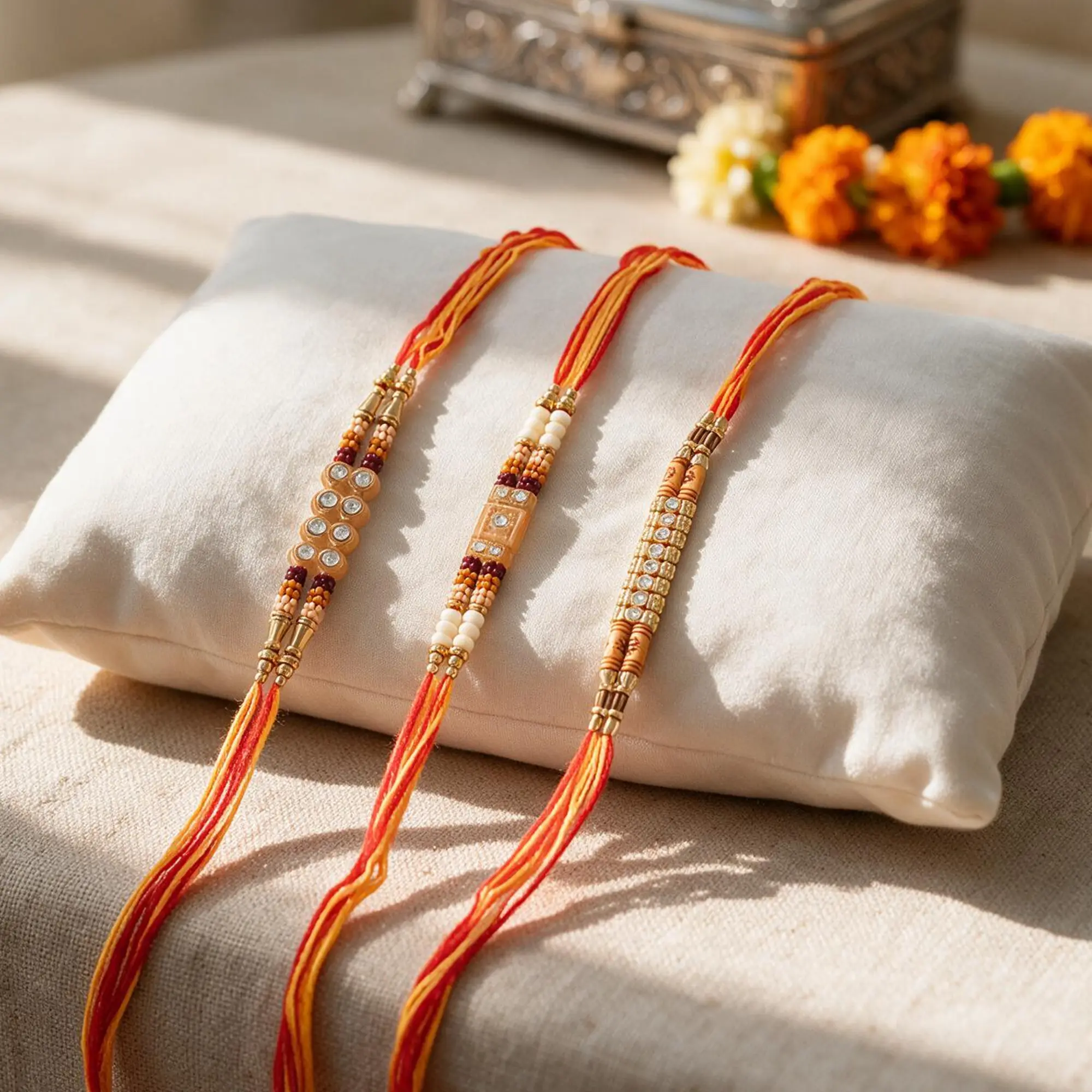 Set of 3 Assorted Premium Designer Rakhis Resting on a White Cushion