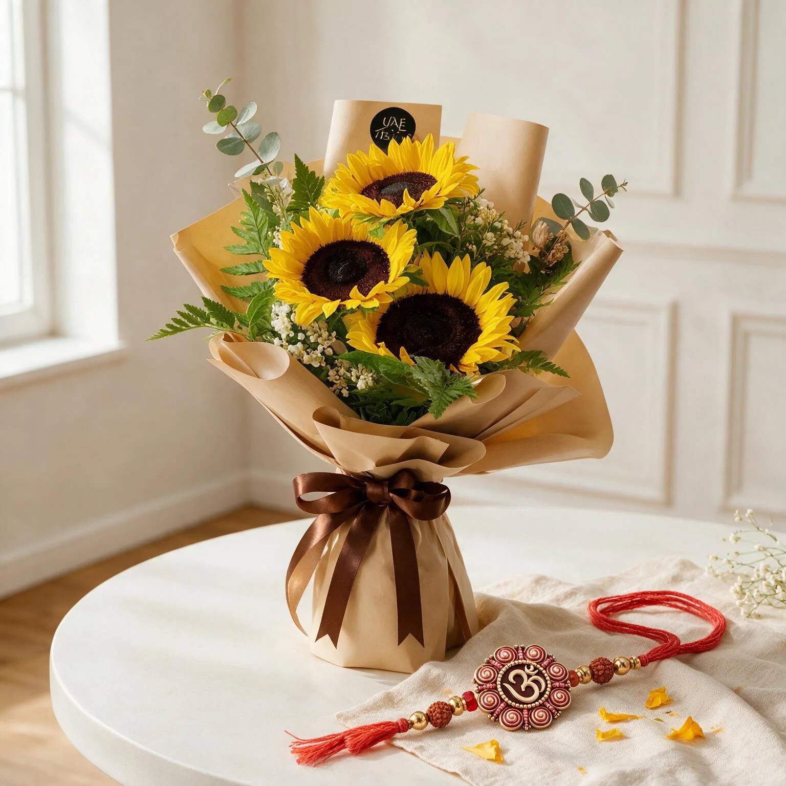 Bouquet of 3 sunflowers with green fillers in paper packing with ribbons and rakhi