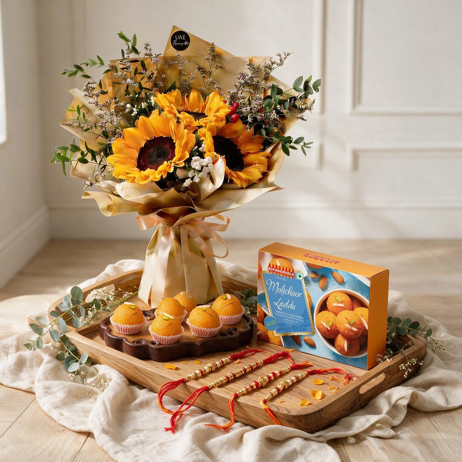 Bouquet of 3 sunflowers with green fillers in paper packing with ribbons with 1 Kg motichur laddu and rakhi