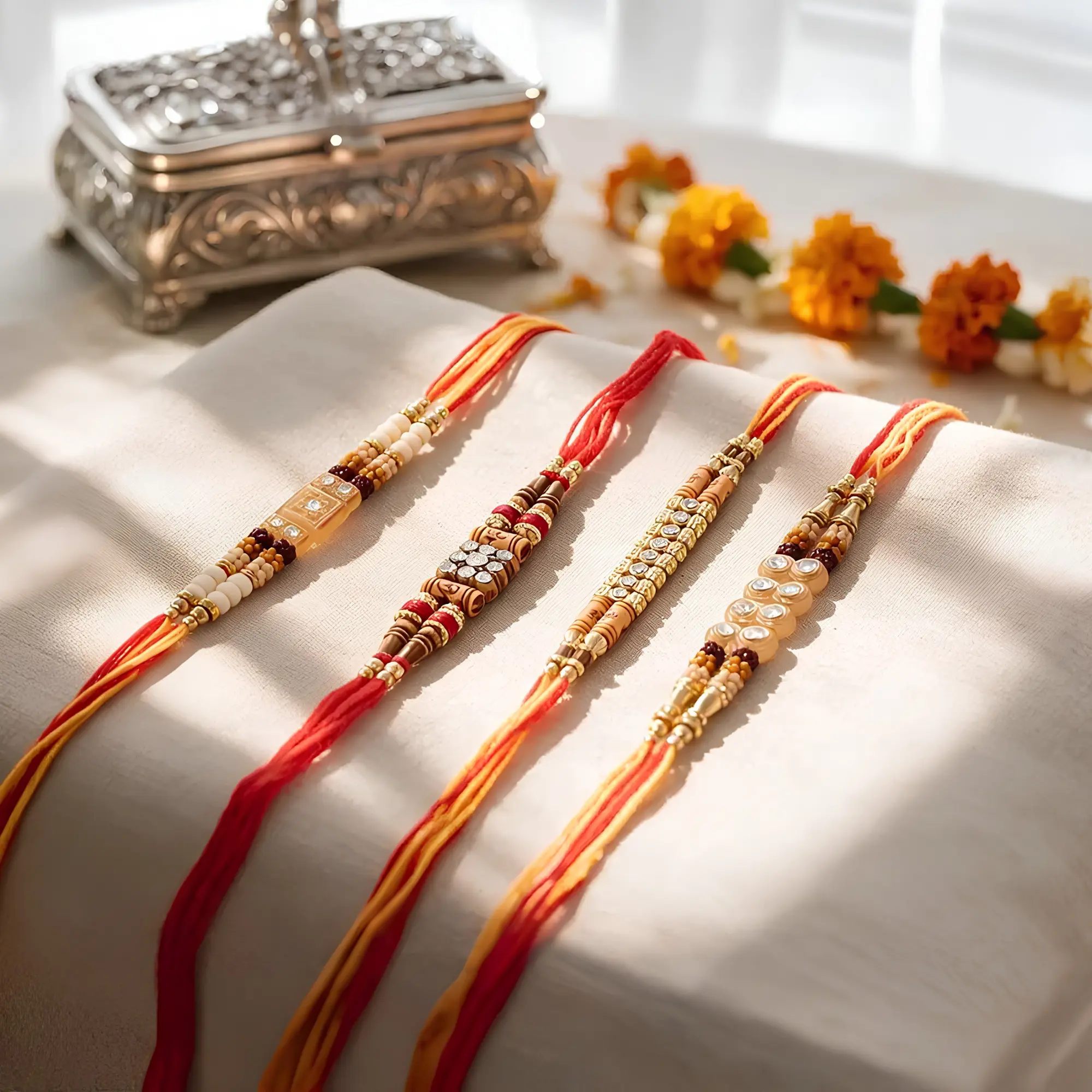 Set of 4 Assorted Premium Designer Rakhis Featuring Crystal and Beaded Details