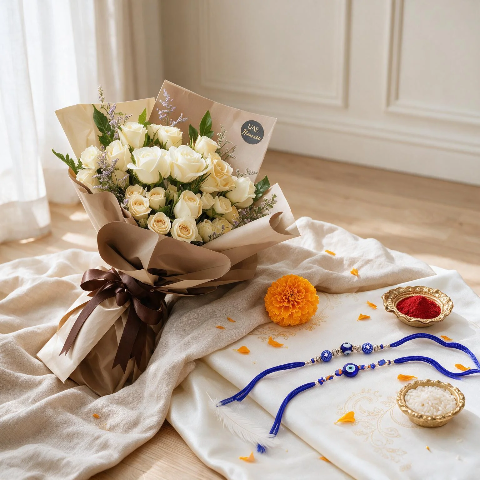 Bouquet of 8 white and peach roses and 2 peach spray roses with green fillers in paper packing with ribbons and rakhi