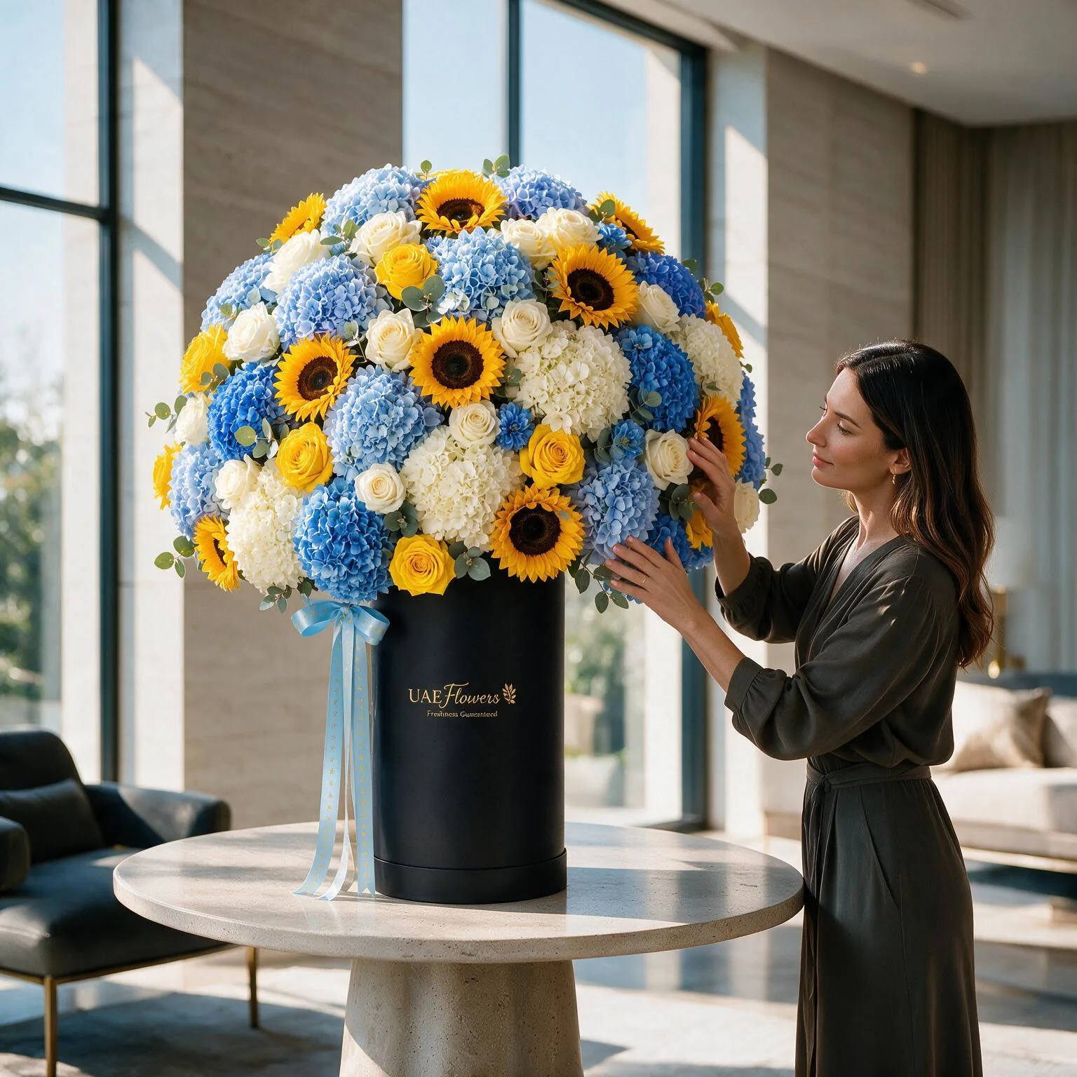Woman admiring the Grand Royale Luxury Flower Box featuring a massive arrangement of blue hydrangeas, vibrant sunflowers, and white roses in a tall black UAE Flowers cylinder box