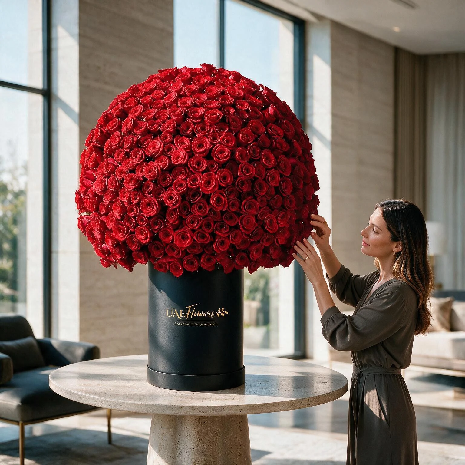 A massive dome of premium red roses densely arranged in a grand XXL luxury black cylinder box with the UAE Flowers logo, displayed on a marble table.