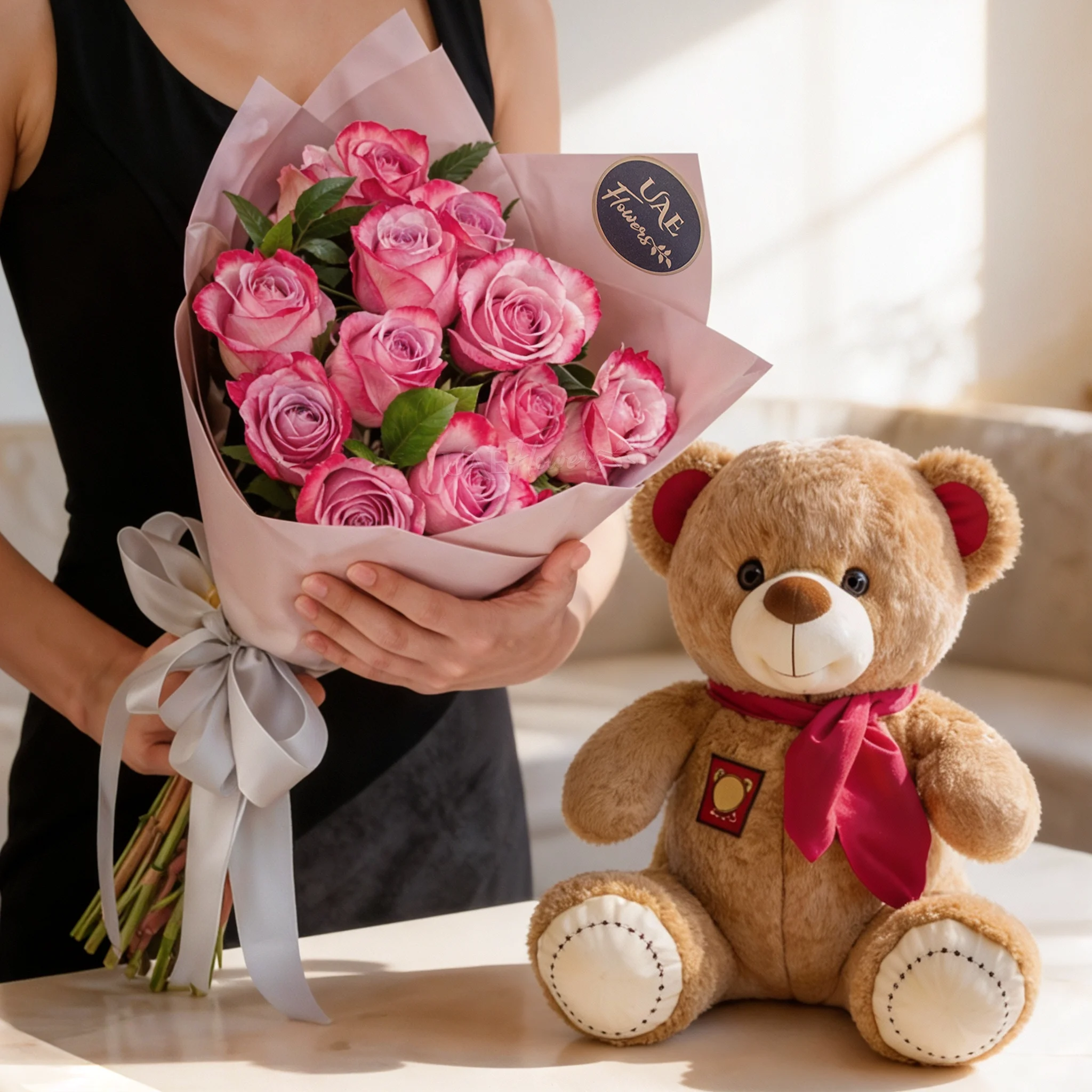 10 Purple Roses hand-tied bouquet & Small Brown Teddy