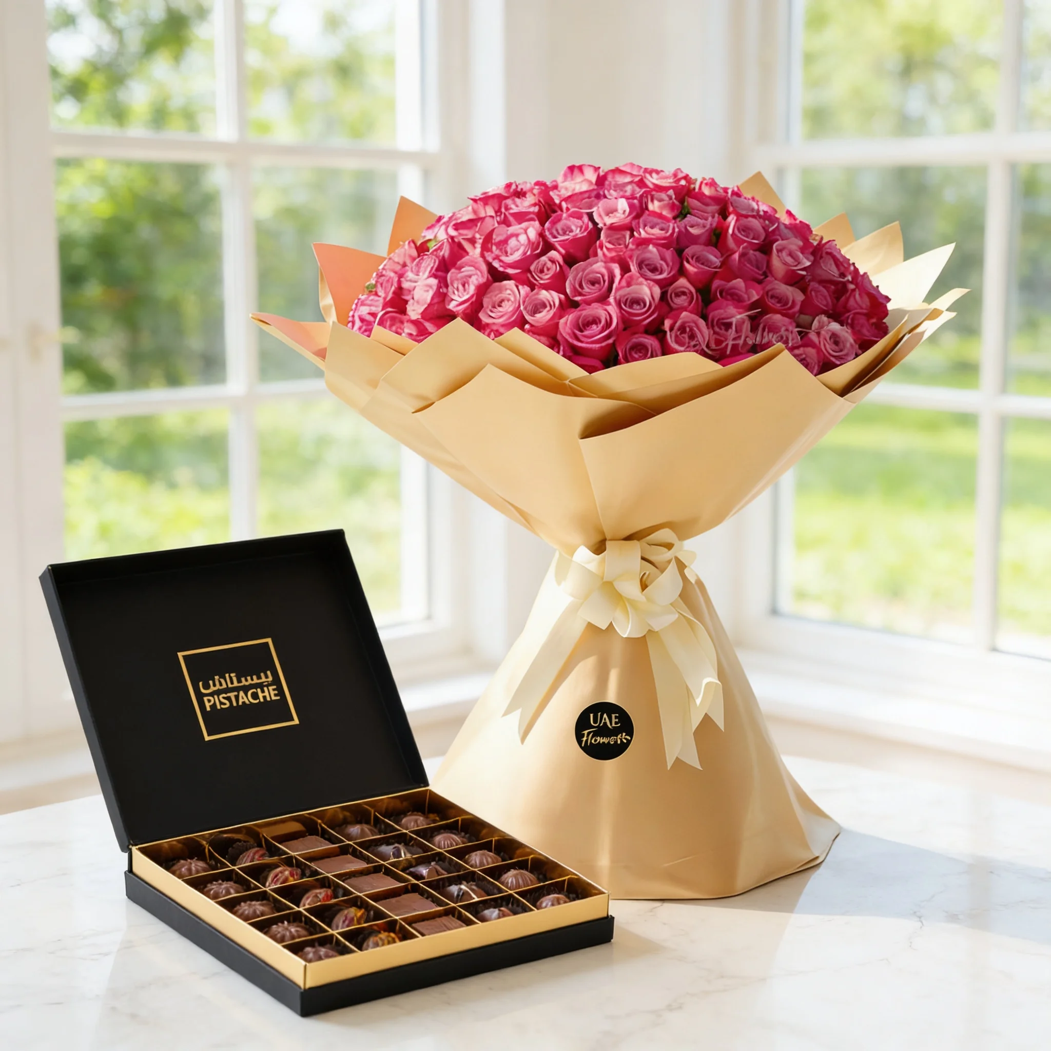 100 Purple Roses & Pistache Chocolate Box