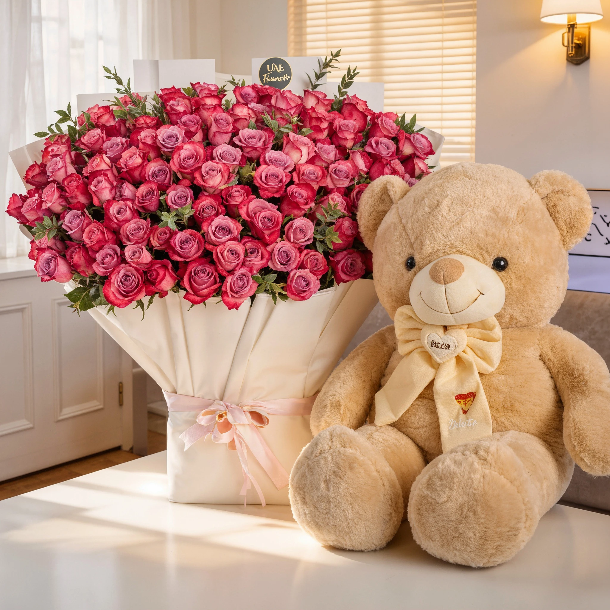 100 Purple Roses & Jumbo Brown Teddy