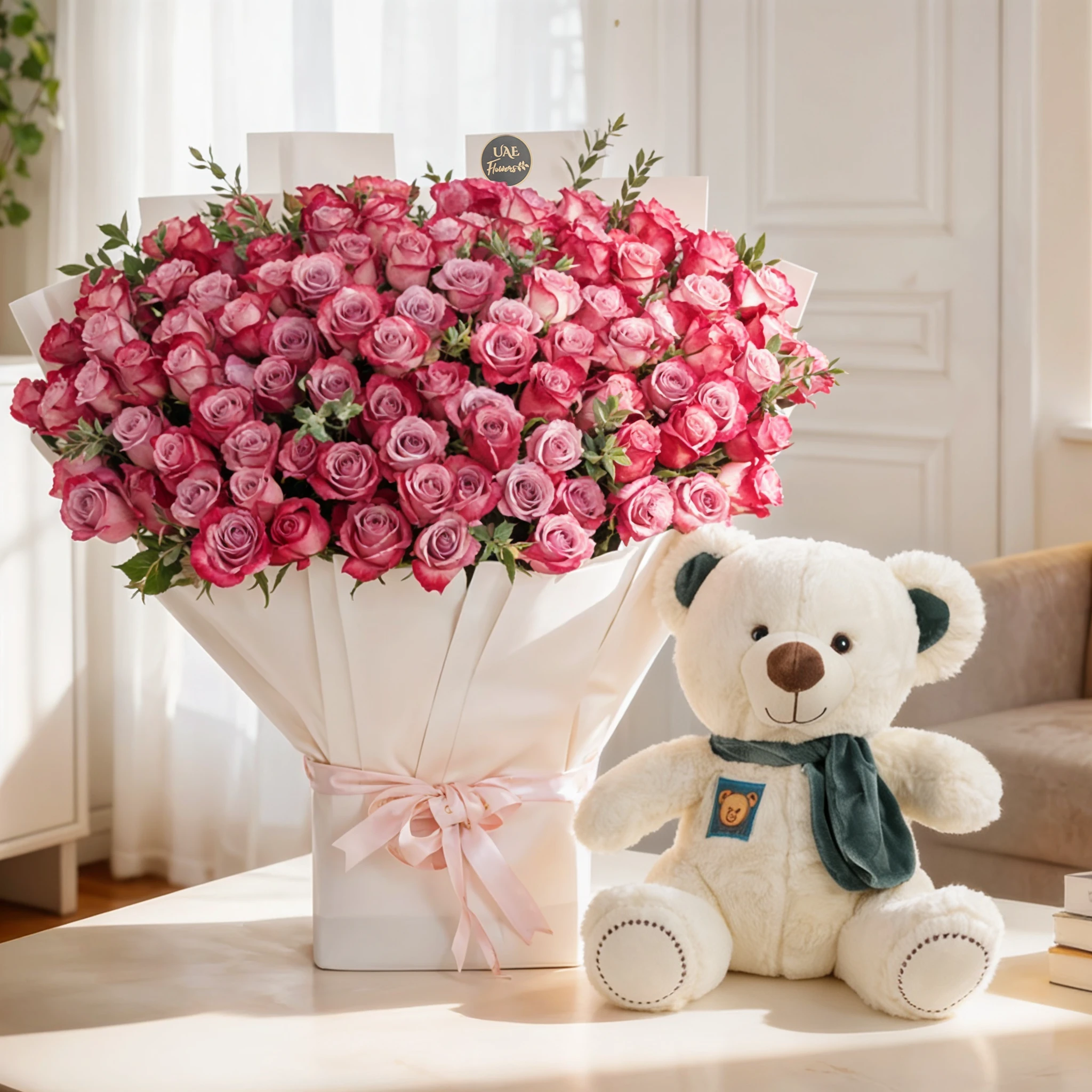 100 Purple Roses & Medium White Teddy