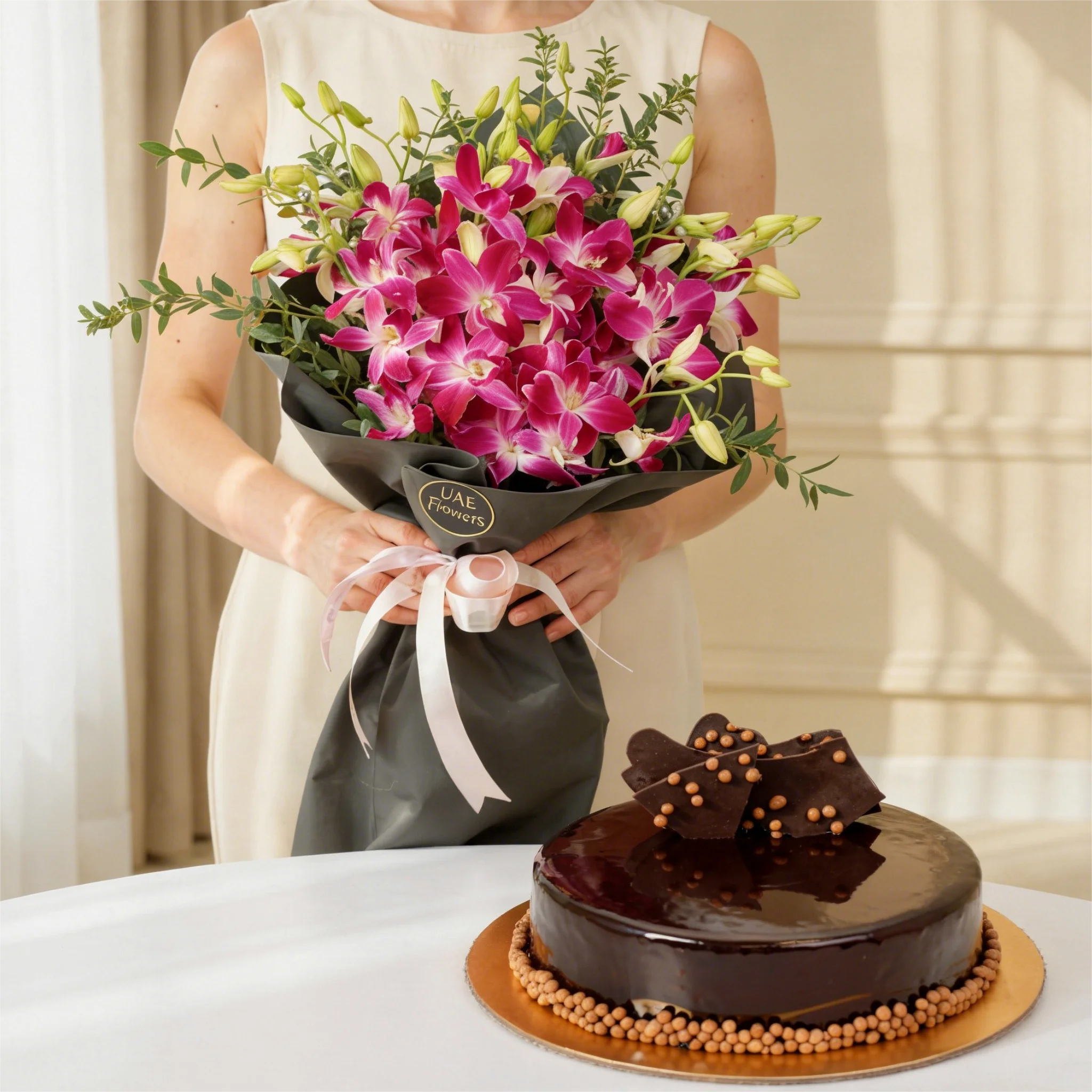 Purple orchid bouquet with cake