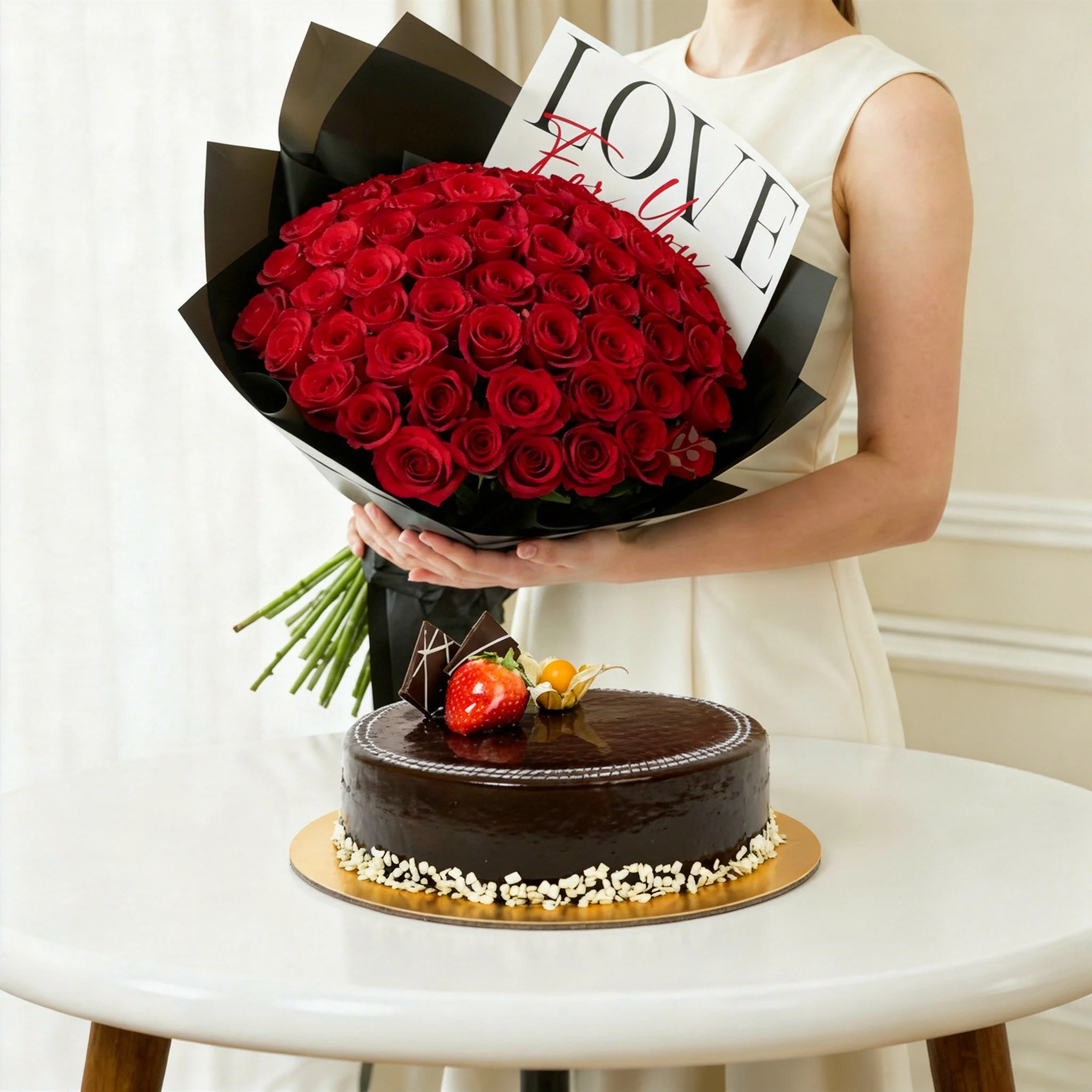 100 red roses And Classic Chocolate Mousse Cake