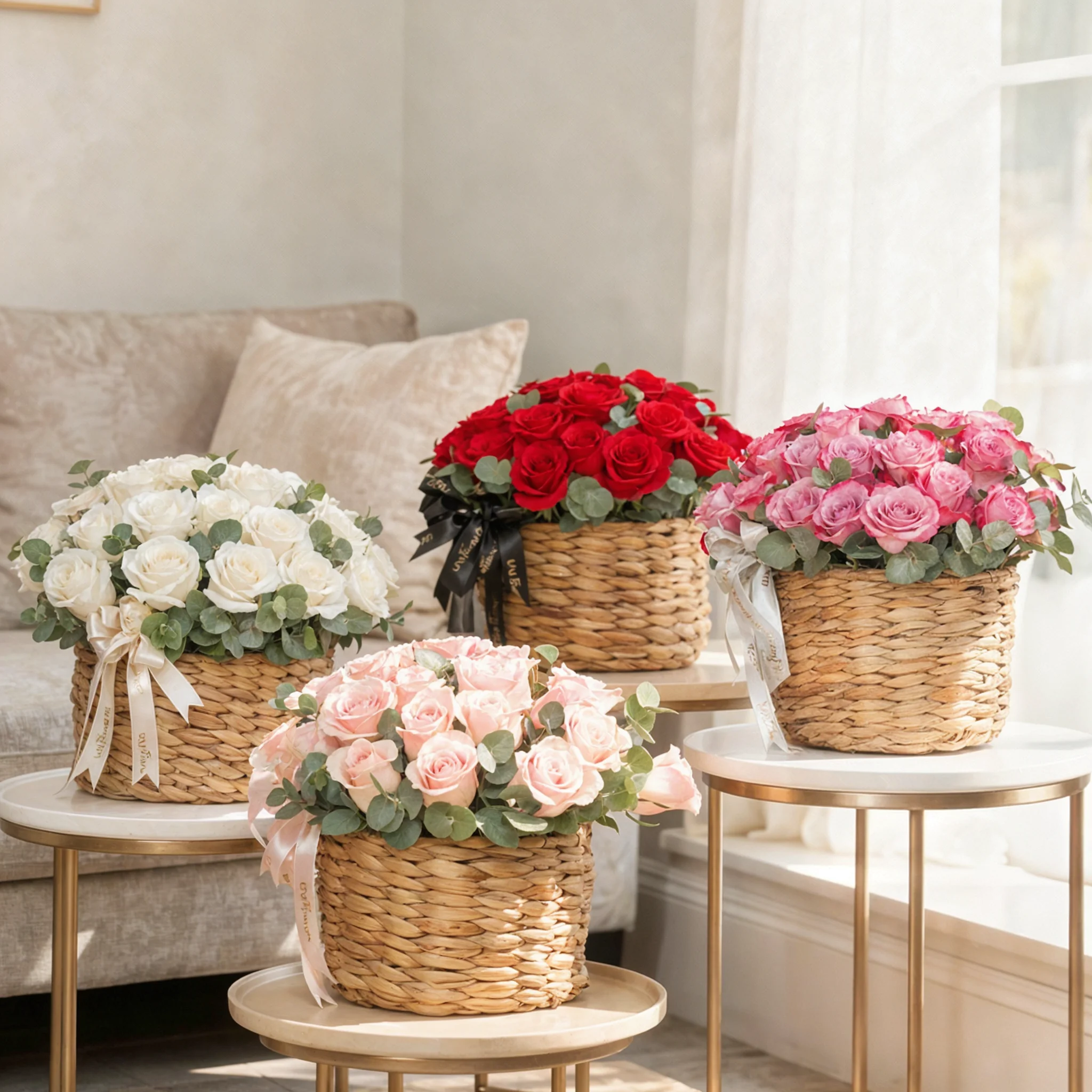 Set of four basket arrangements with 25 roses in red, white, pink, and purple
