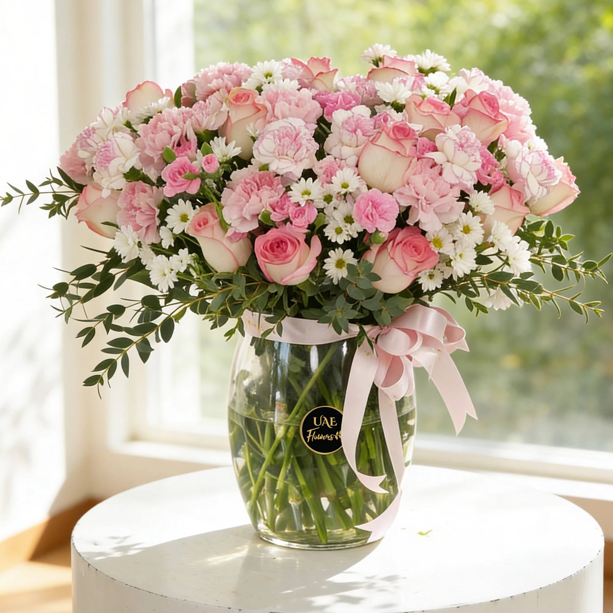 15 pink carnations, 15 pink roses, 10 pink spray carnations and 5 white chrysanthemums with green fillers in glass vase.