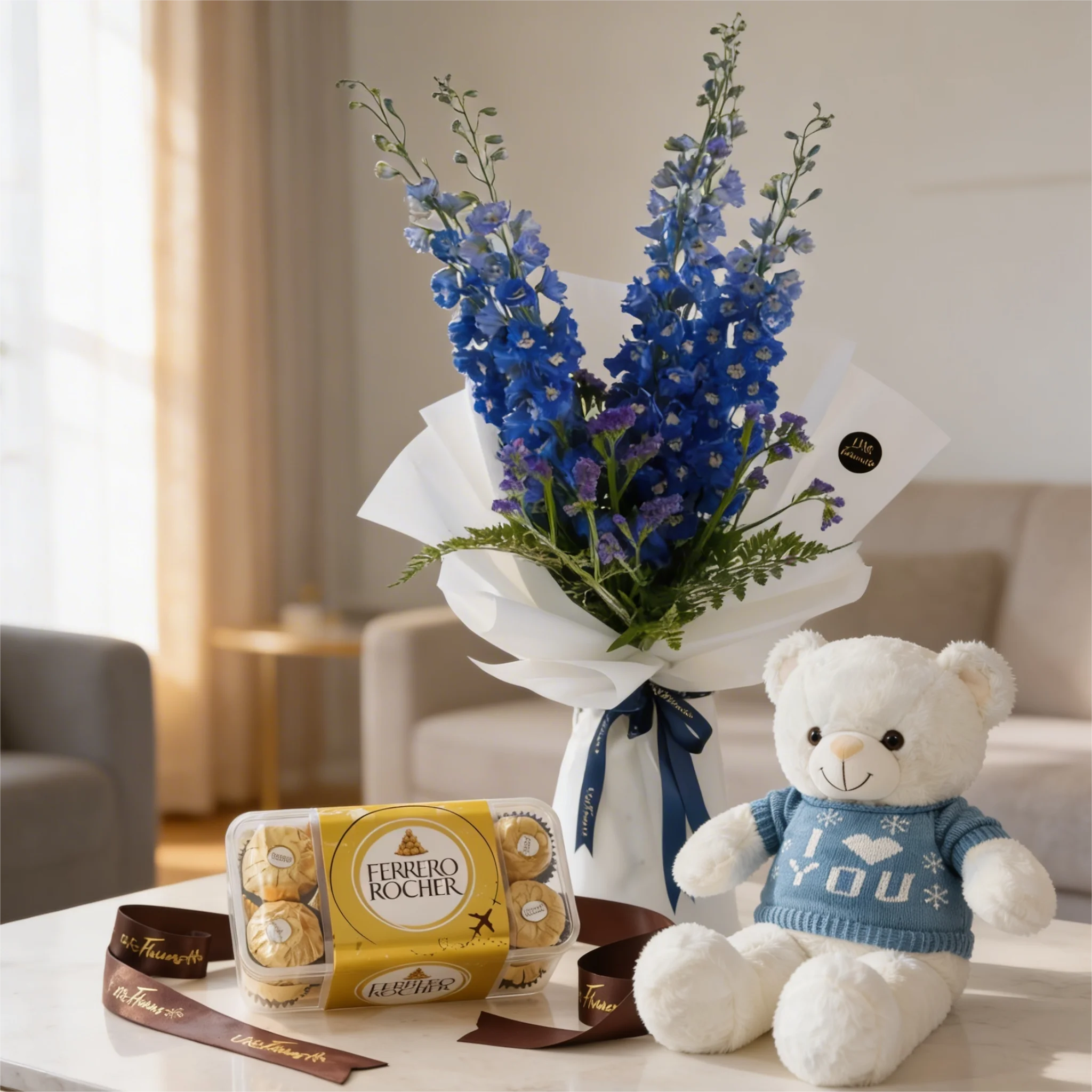 Blue Delphinium Bouquet with White Teddy & Ferrero 16s Chocolate Box