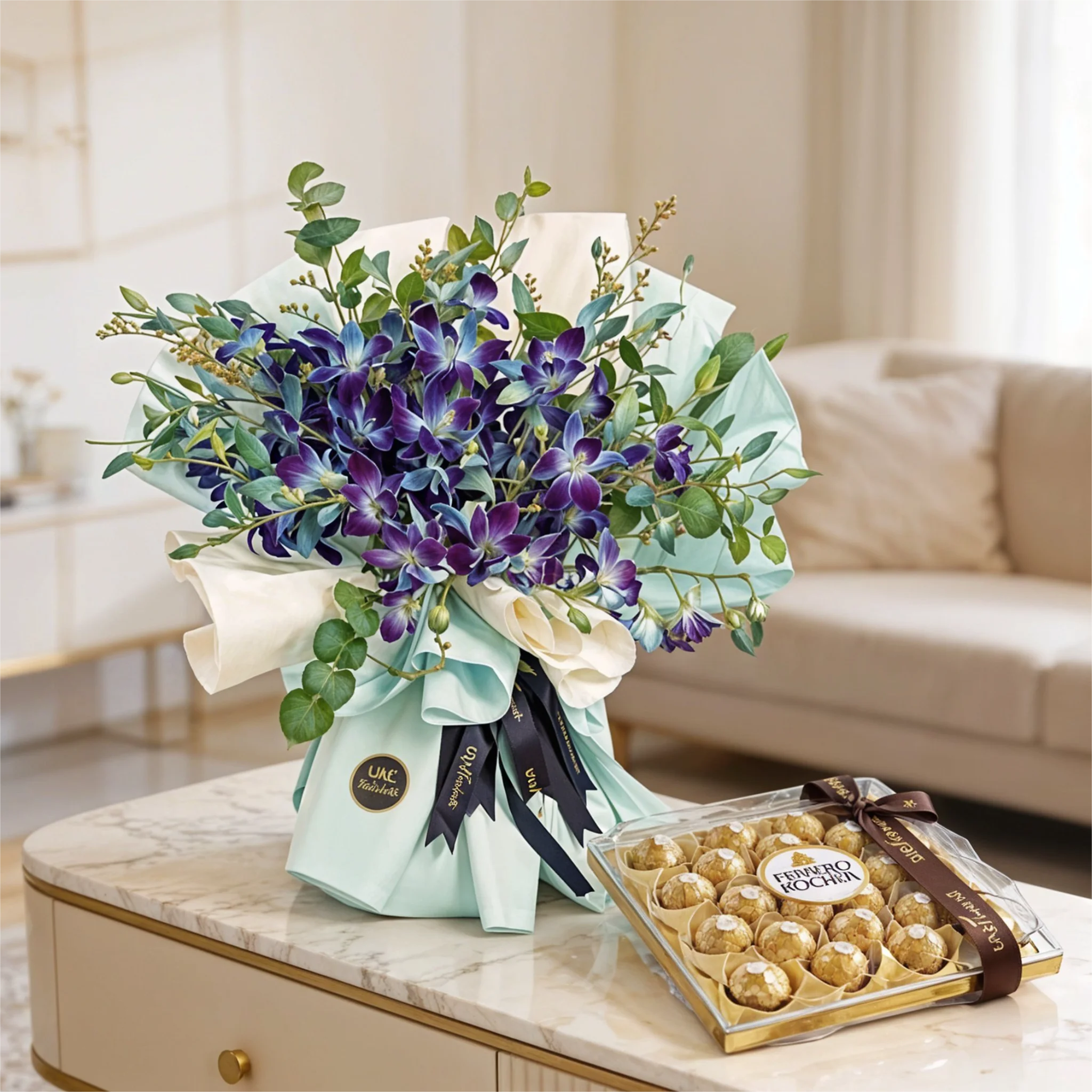 20 Blue Orchids with Ferrero Rocher 24s