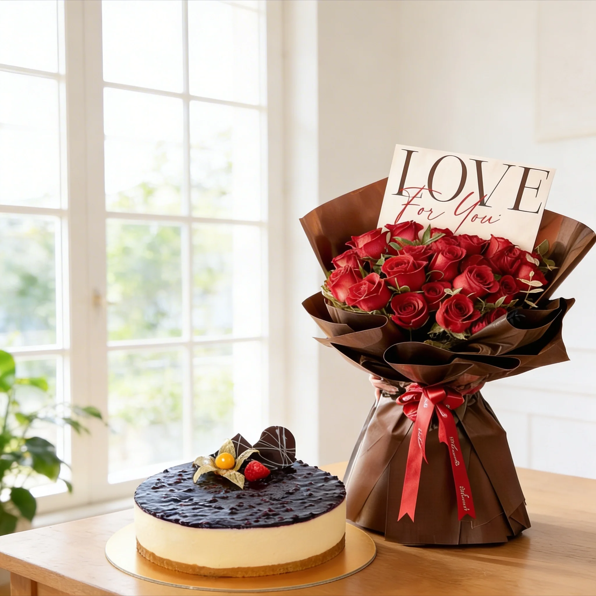 20 Red Roses & Blueberry Mousse Cheesecake