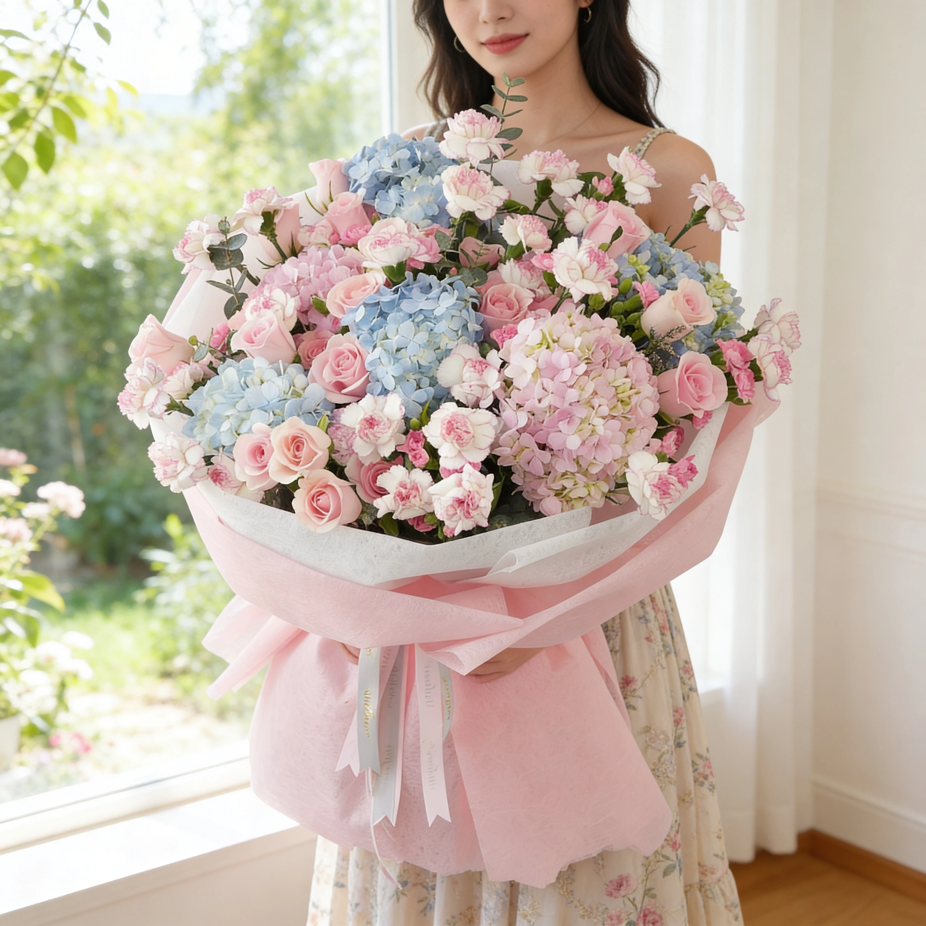 Bouquet of 4 blue hydrangeas, 2 pink hydrangeas, 30 pink roses, 30 pink carnations and 10 pink spray carnations with green fillers in pink wrapping.