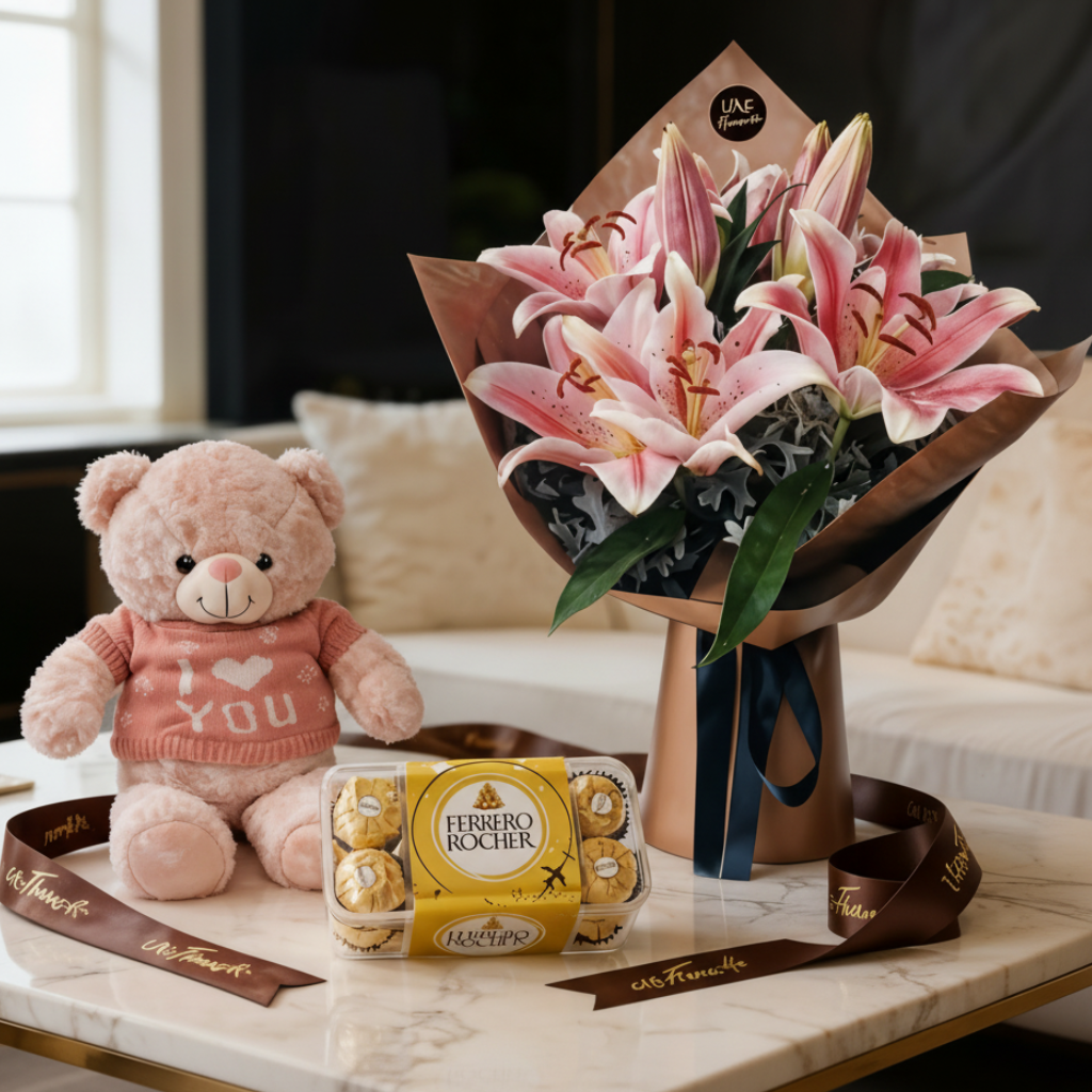 Pink Lilies with Teddy and Ferrero 16s
