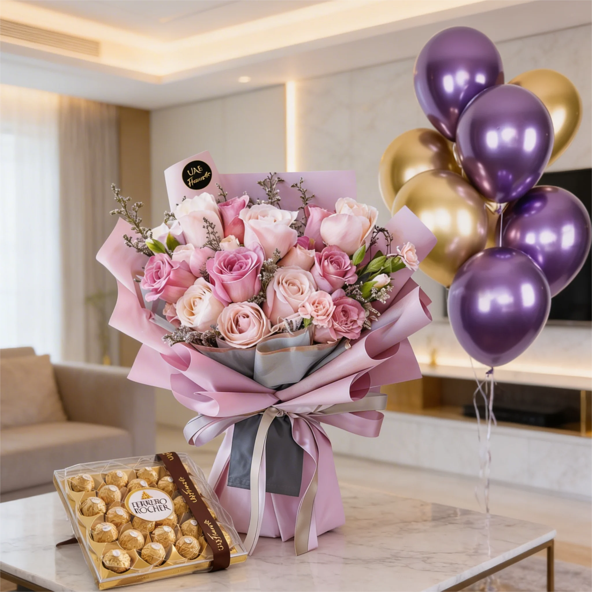 Pink & Purple Roses with Ferrero 24s and Balloons