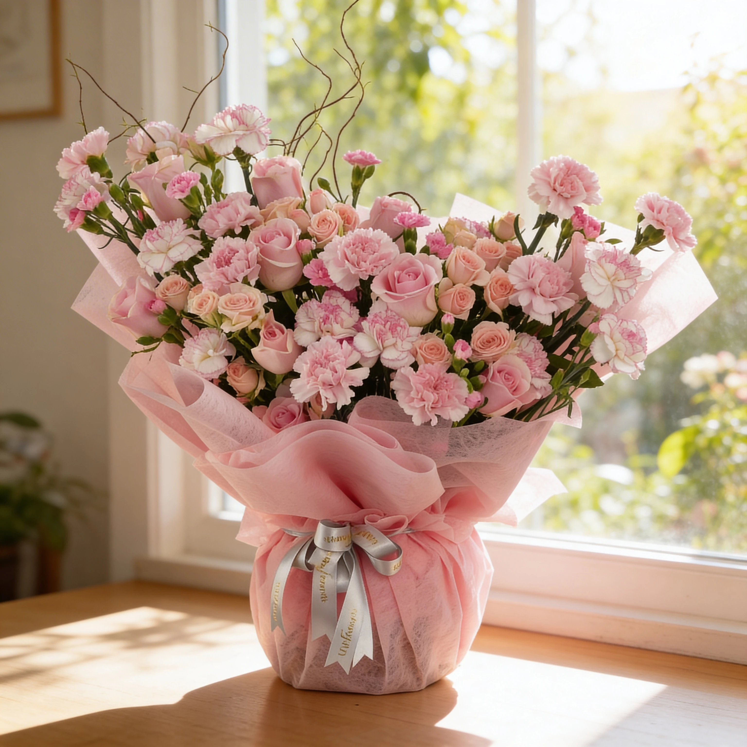 Bouquet of 12 pink roses, 20 pink carnations and 5 pink spray roses with green fillers in pink wrapping.