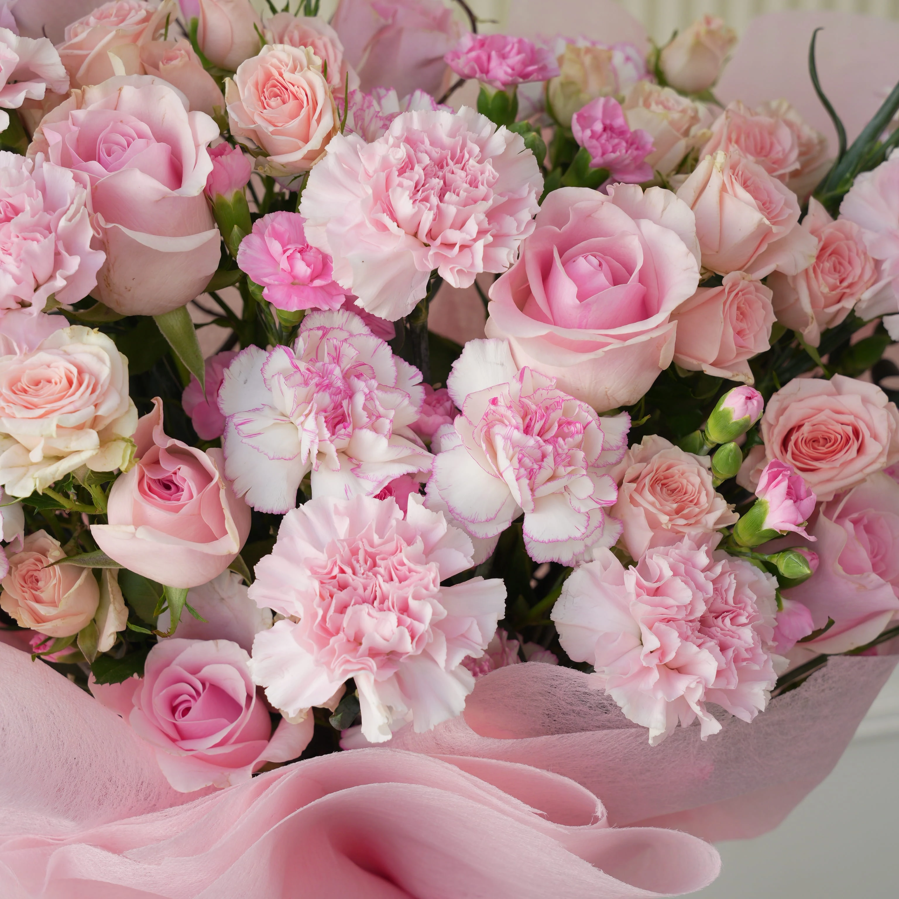 Bouquet of 12 pink roses, 20 pink carnations and 5 pink spray roses with green fillers in pink wrapping.