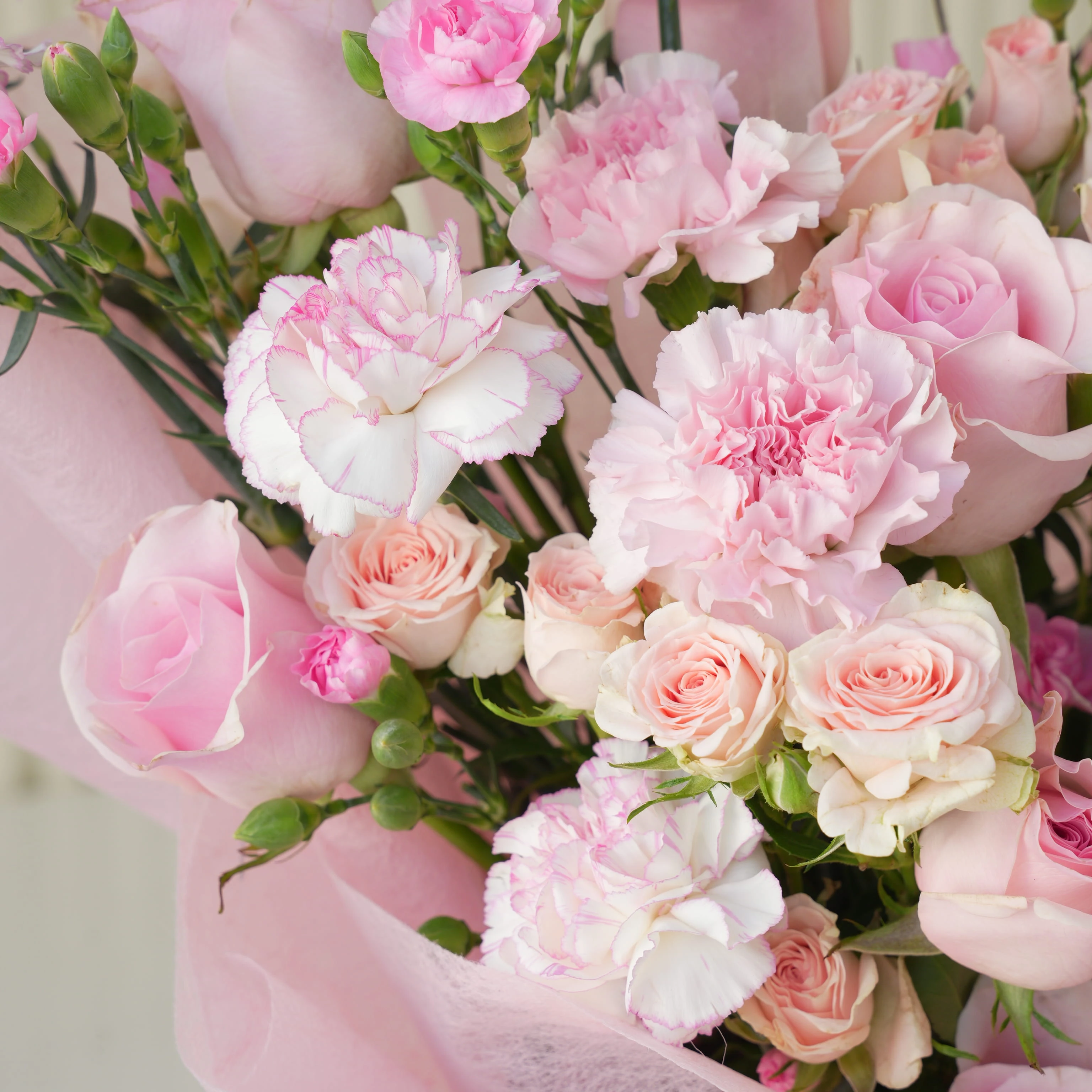 Bouquet of 12 pink roses, 20 pink carnations and 5 pink spray roses with green fillers in pink wrapping.