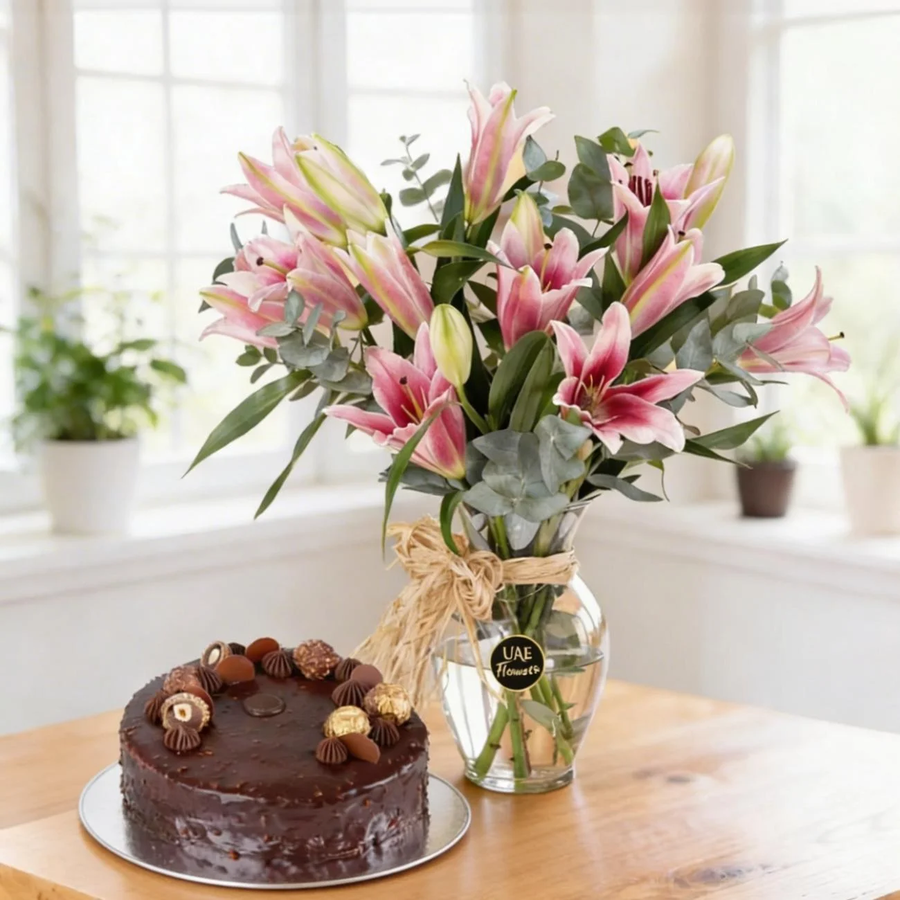 Pink Lilies Vase & 1Kg Ferrero Rocher Cake