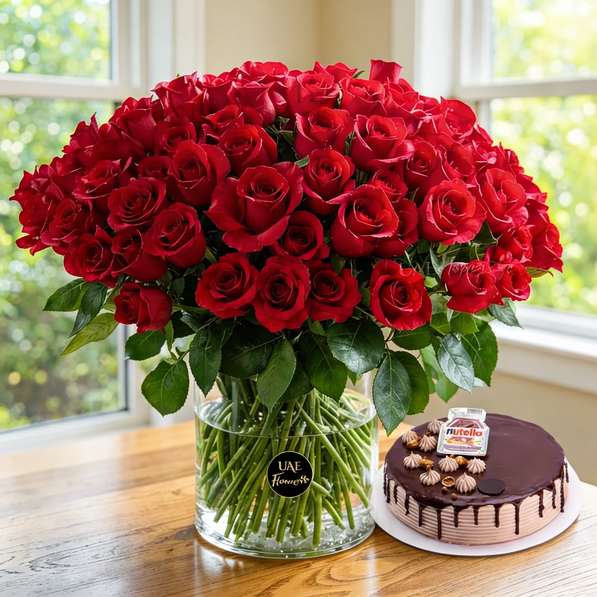 100 Red Crimson Roses With Vase & 1Kg Nutella Drip Cake