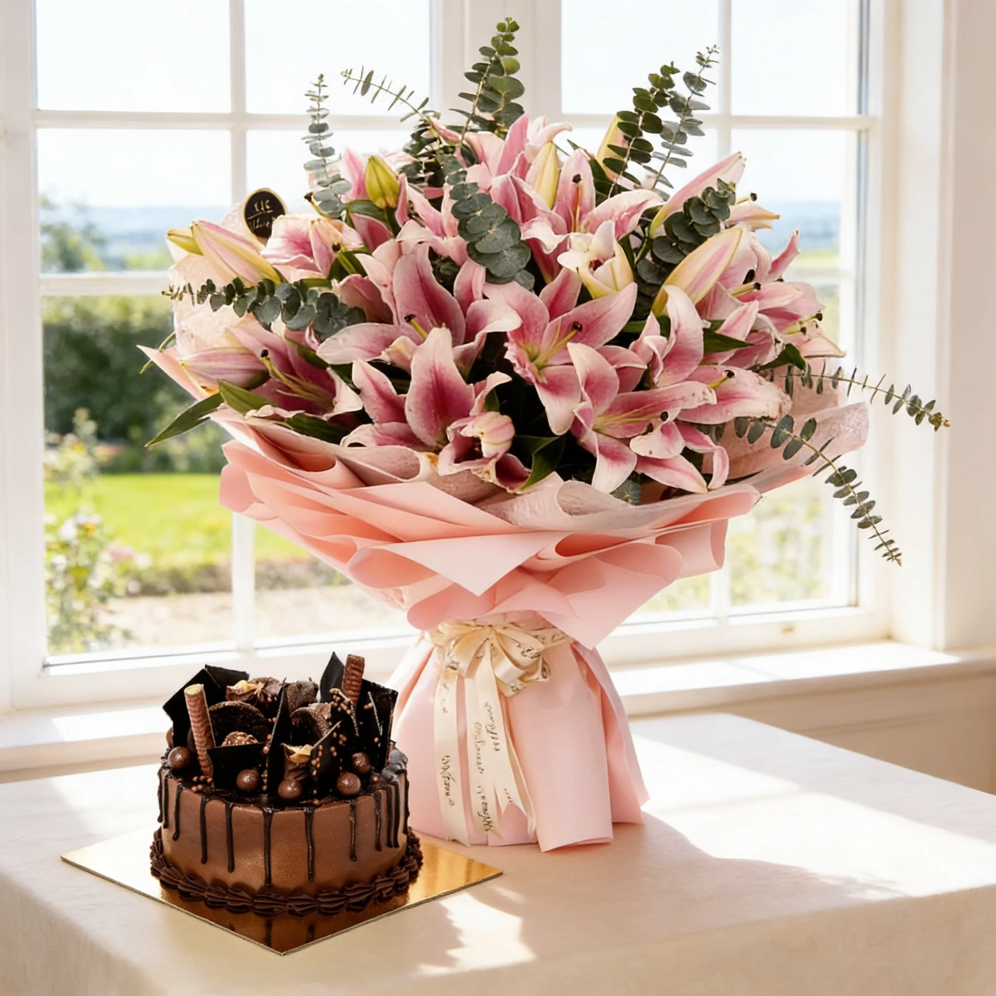 10 Pink Lilies & Chocolate Explosion Cake