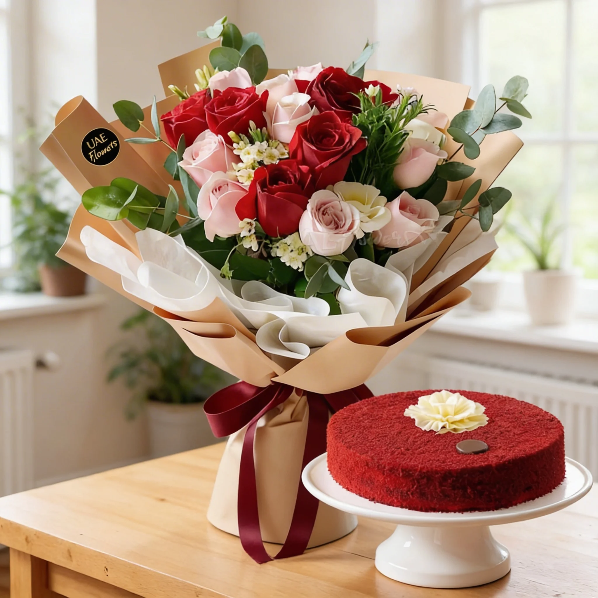 Red Velvet cake and pink red rose bouquet combo with eucalyptus fillers