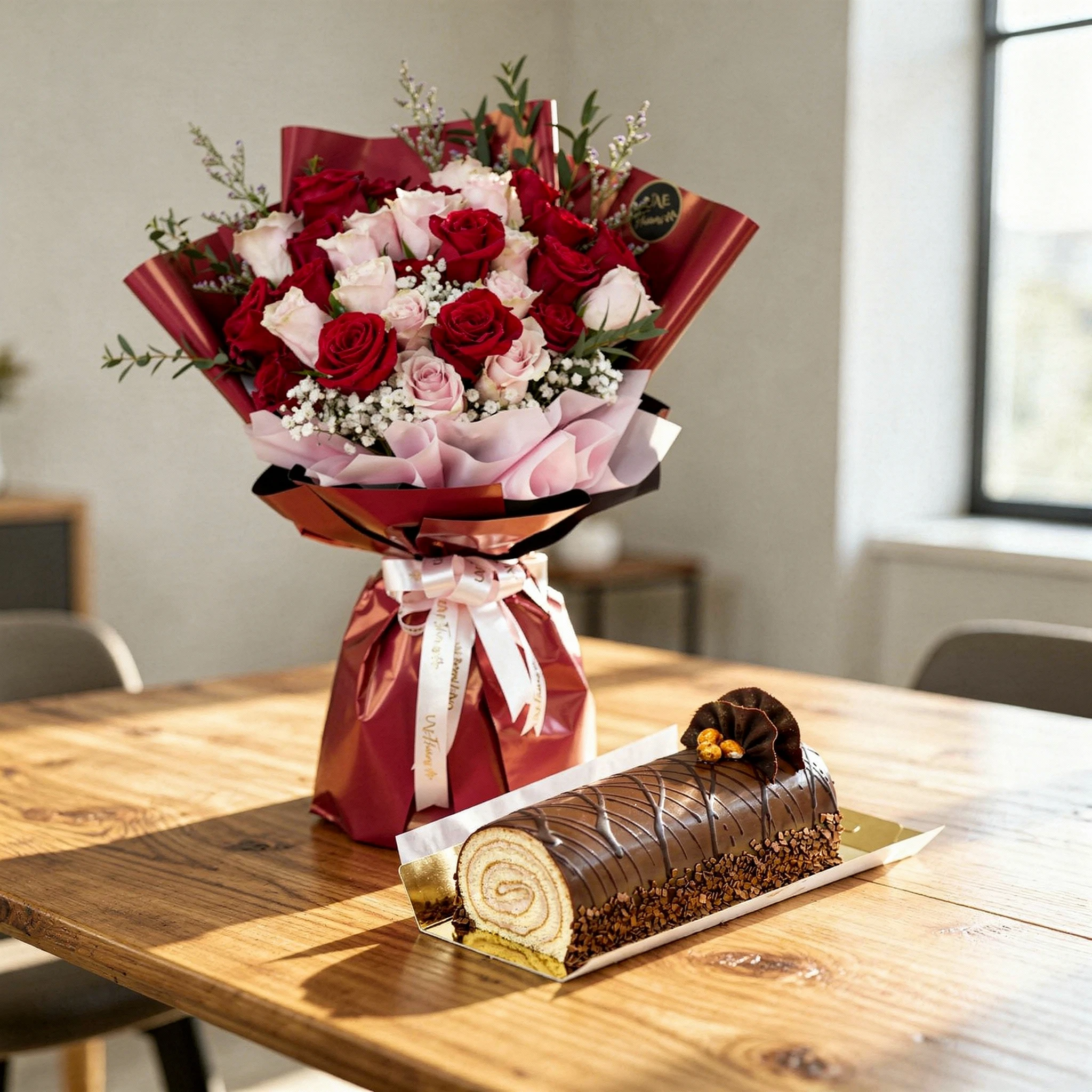 10 red roses and 10 pink roses with green & and 700 Gms Hazelnut Swiss Roll Cake.