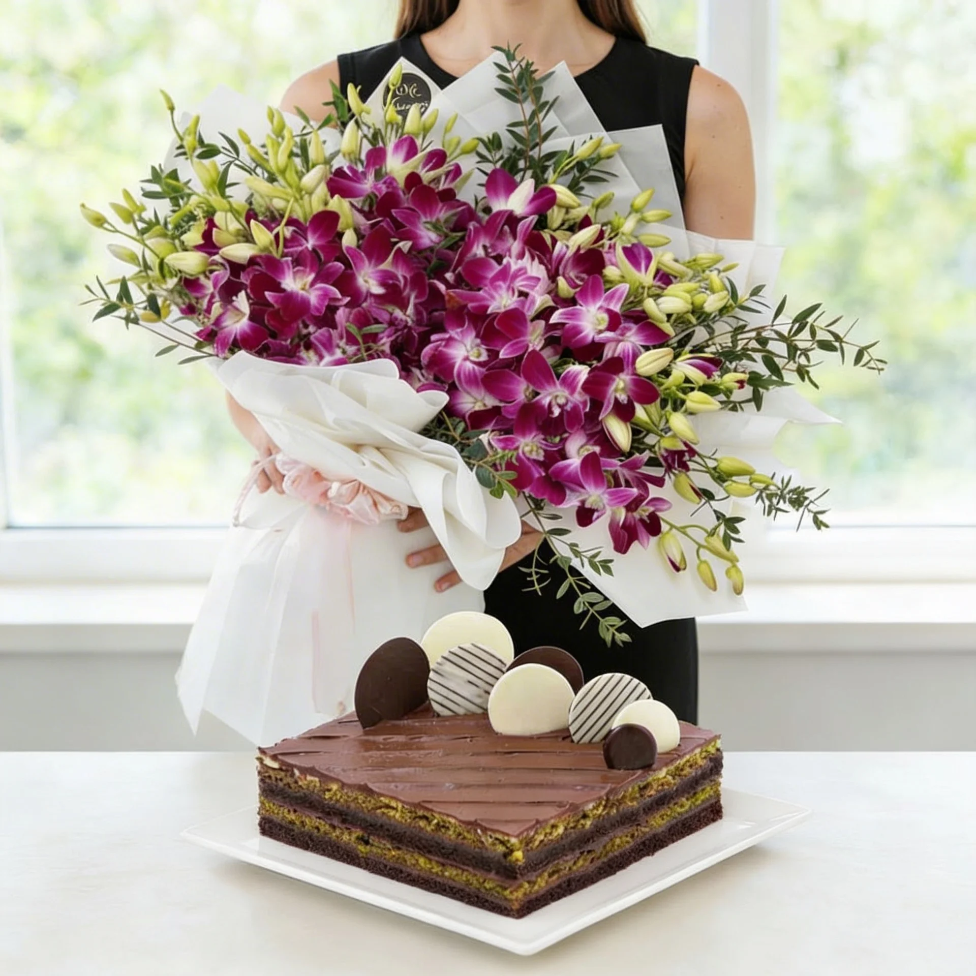 80 Purple Orchids & Pistachio Nutella Cake