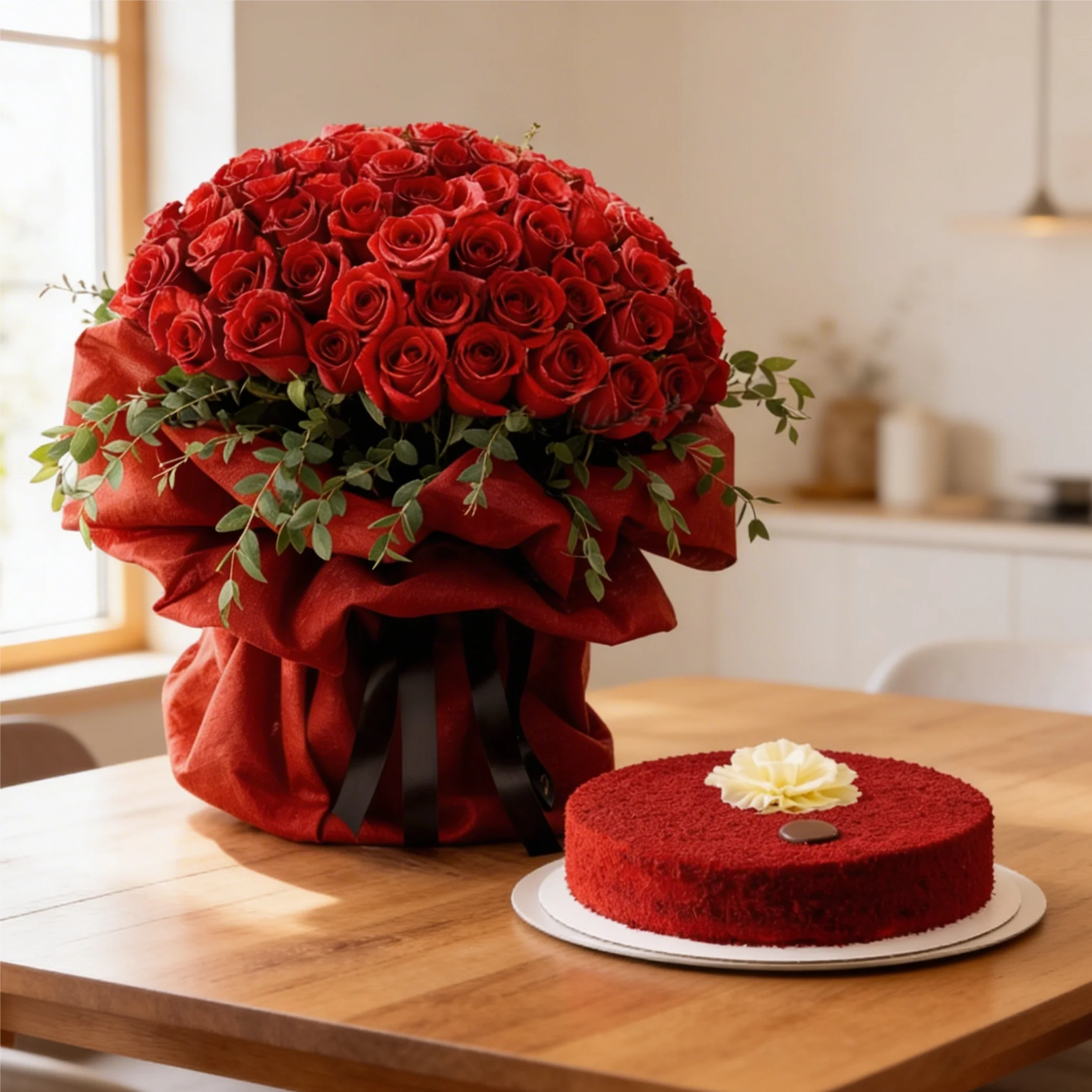 Bouquet of 40 stems of red roses And 1 Kg Red Velvet Cake