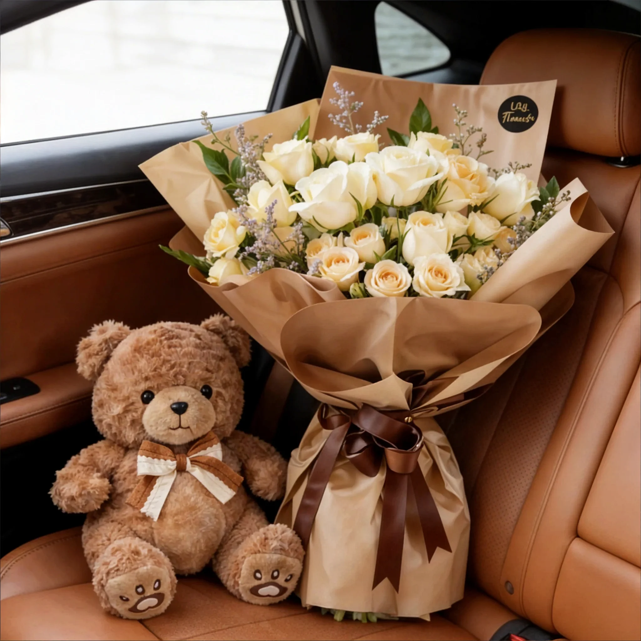 White & Peach Roses with Teddy Bear