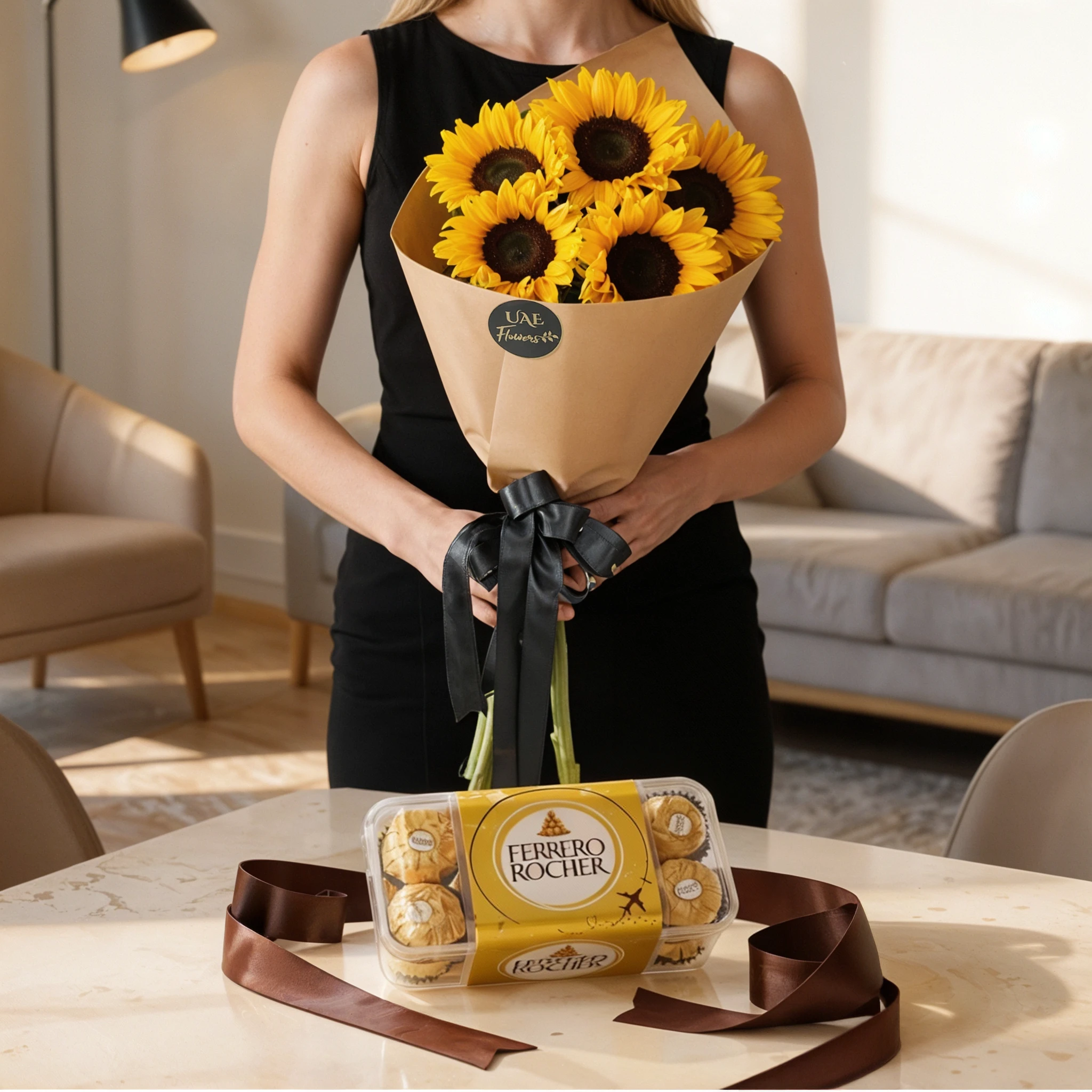 Bouquet of 5 sunflowers tied with ribbons and 16pcs Ferrero rocher chocolate box.