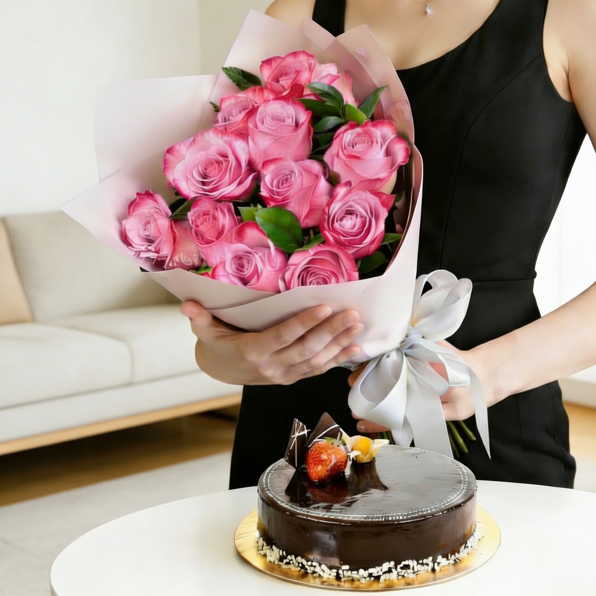 12 pink roses bouquet with chocolate mousse cake on table
