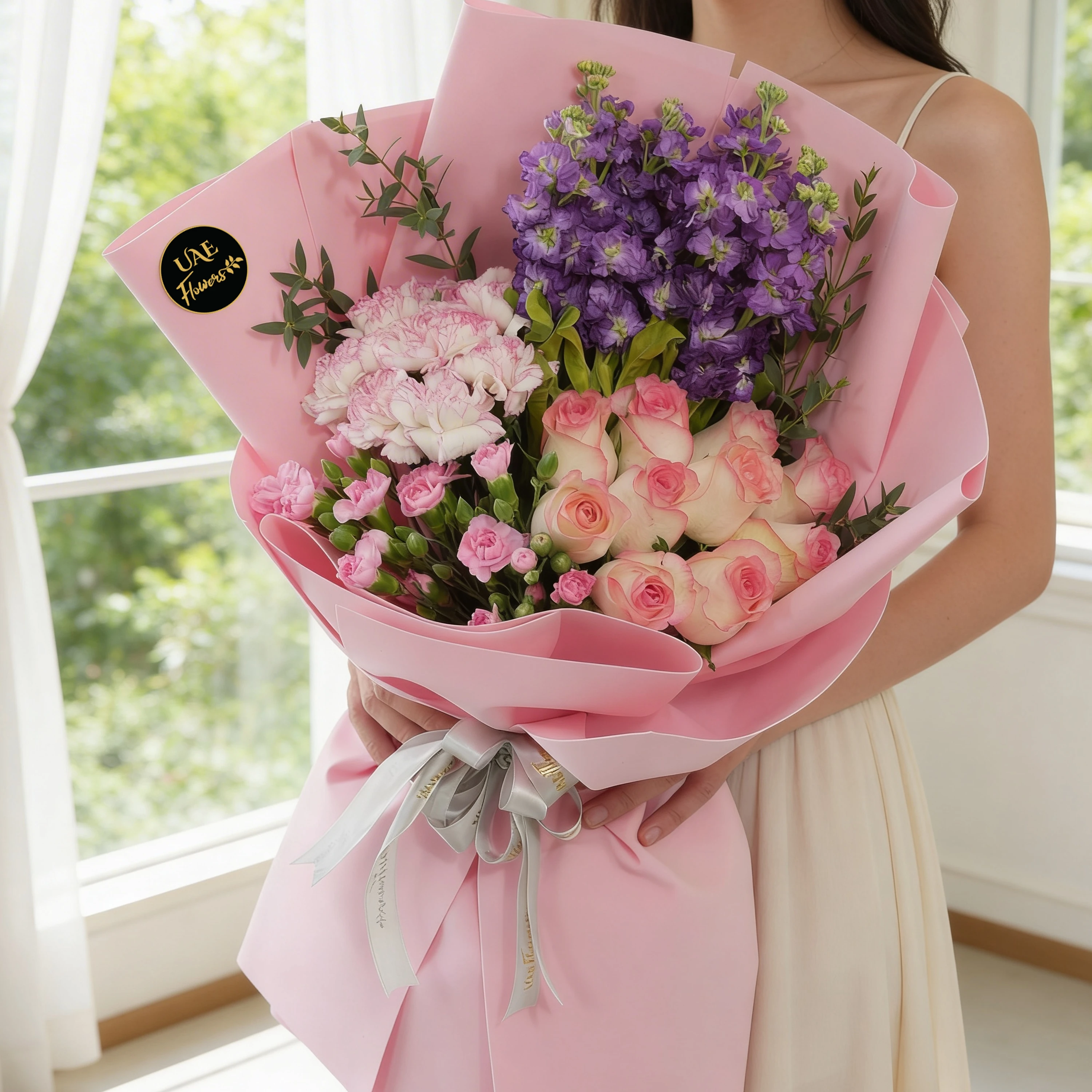 Bouquet of 10 pink carnations, 10 pink roses, 10 purple matthiola and 3 pink spray carnations with green fillers in pink wrapping.