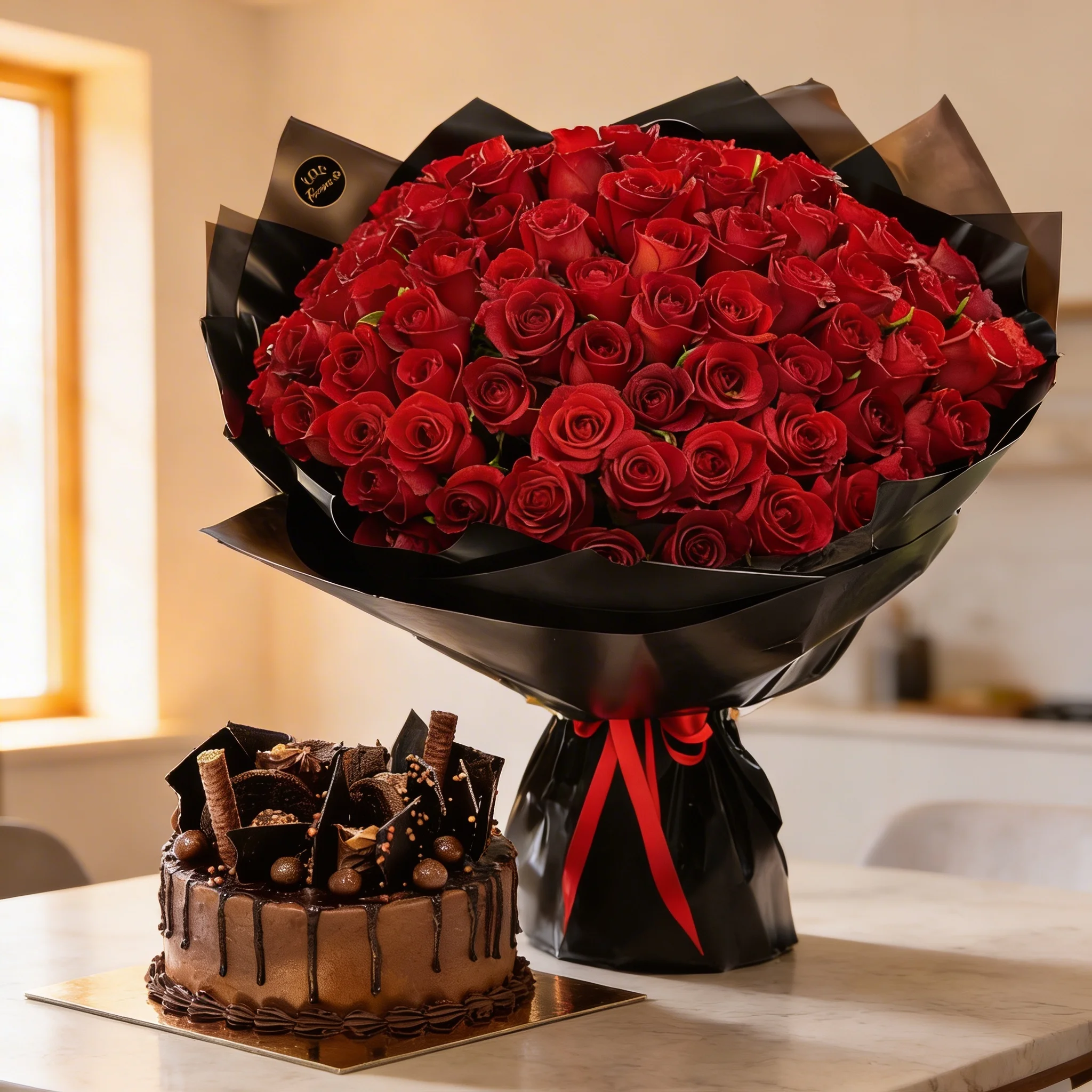 100 red roses hand-tied bouquet with 1.2kg chocolate explosion cake