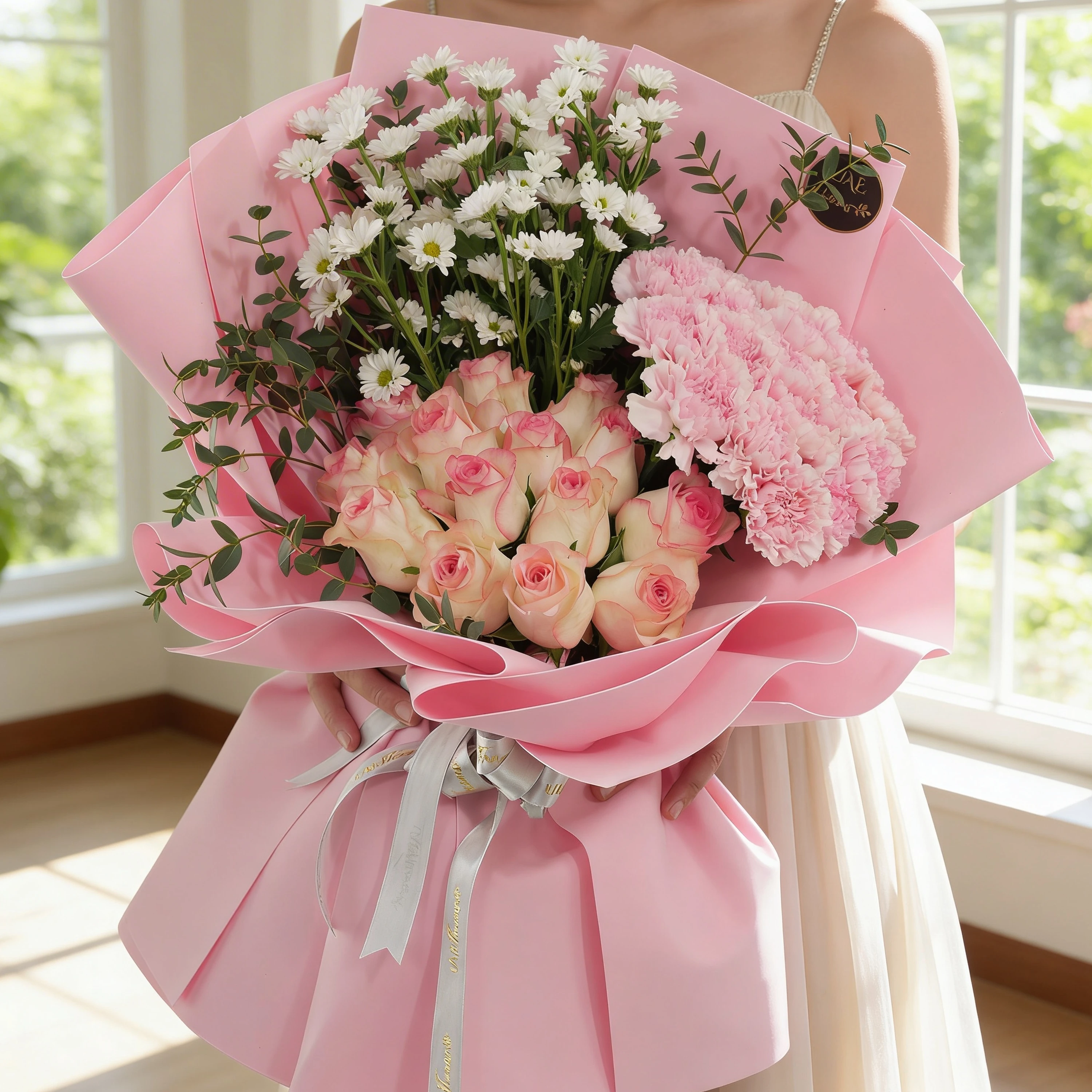 Bouquet of 15 pink carnations, 15 pink roses and 5 white chrysanthemums with green fillers in pink wrapping.