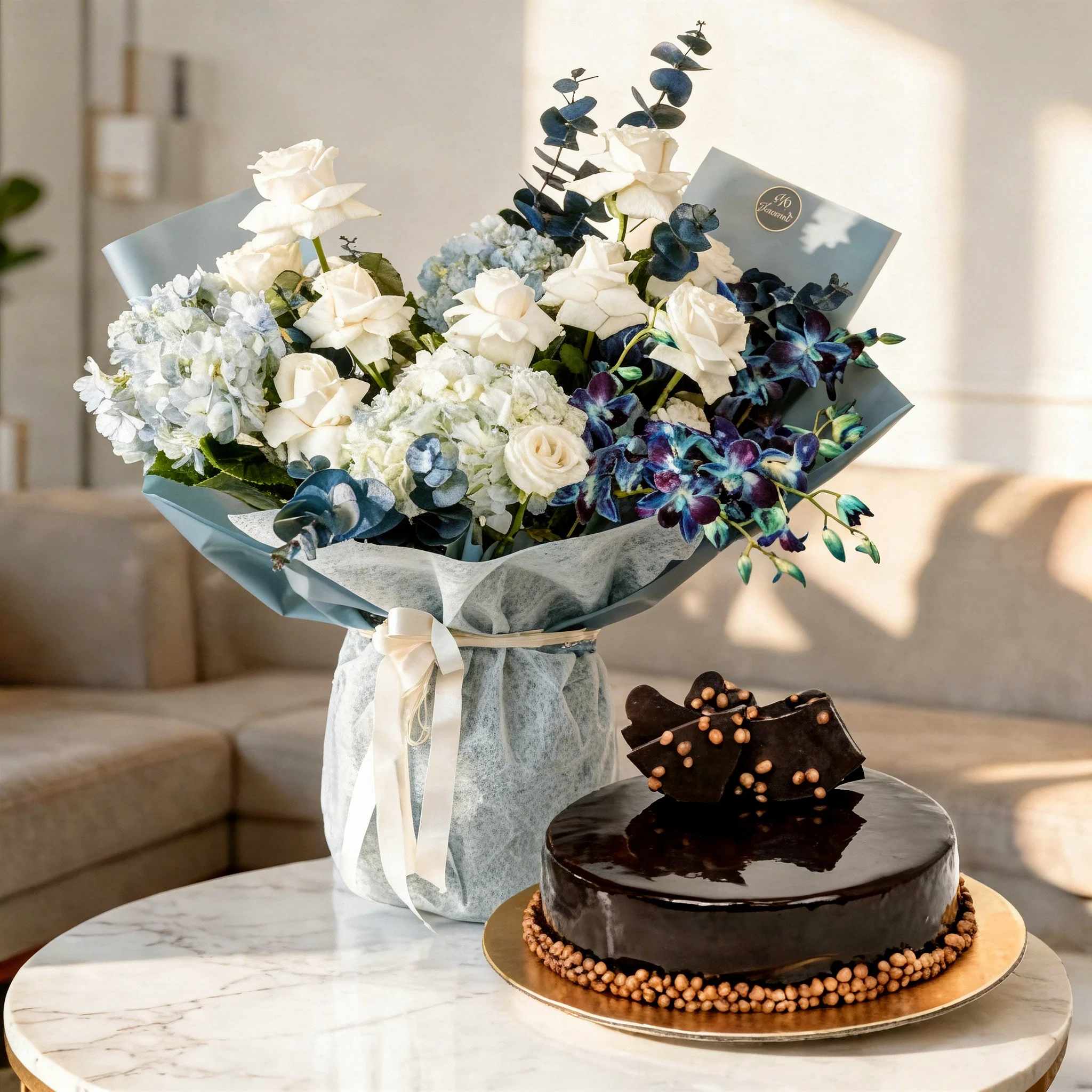 Blue hydrangeas, white roses and blue orchids bouquet with 1Kg chocolate fudge cake