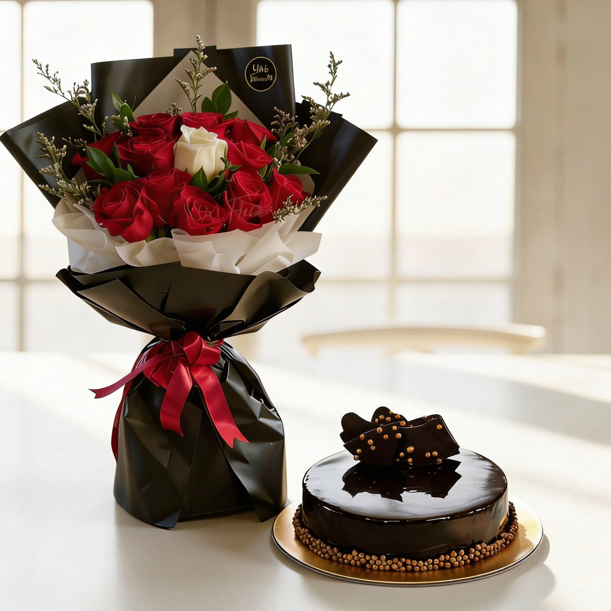 12 Red Roses with White Rose and Chocolate Fudge Cake
