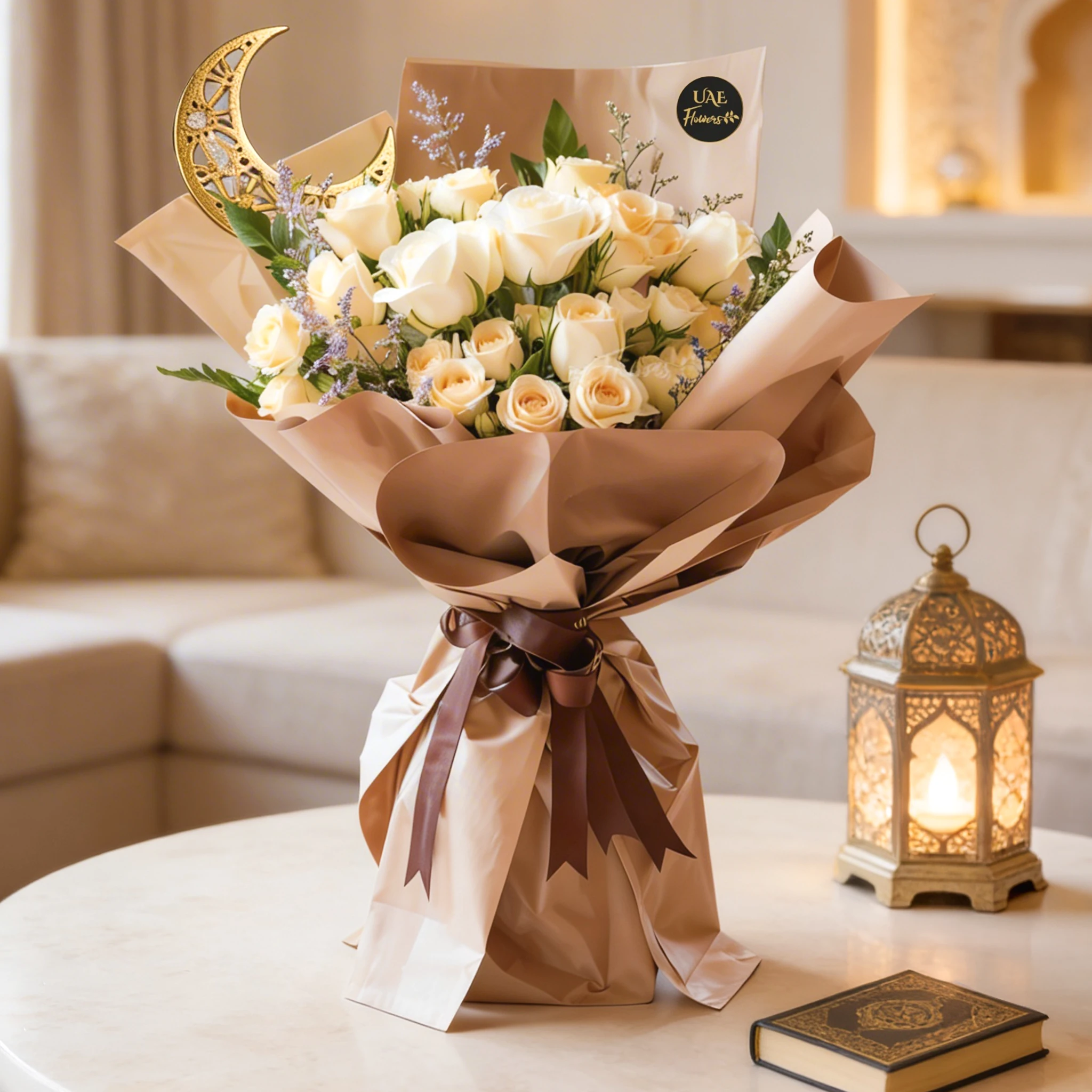 Bouquet of 8 white and peach roses and 2 peach spray roses with green fillers and Decorative Moon in paper packing with ribbons.