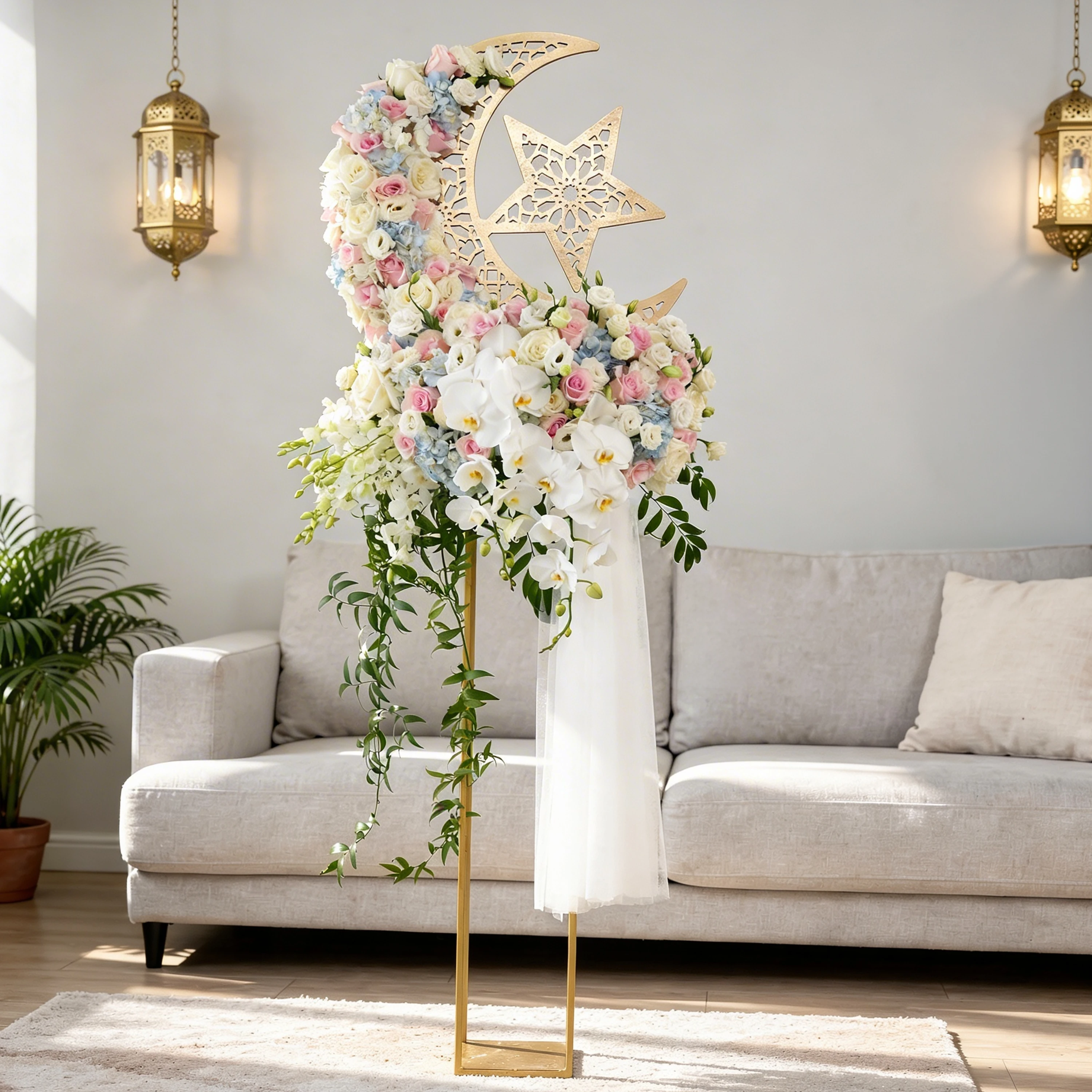 Stand arrangement of 30 White Roses, 30 Pink Roses, 10 White Orchids, 3 White Hydrangeas, 3 Blue Hydrangeas, 15 White Lisianthus, 2 White Phalaenopsis orchids with ribbons and crescent moon.